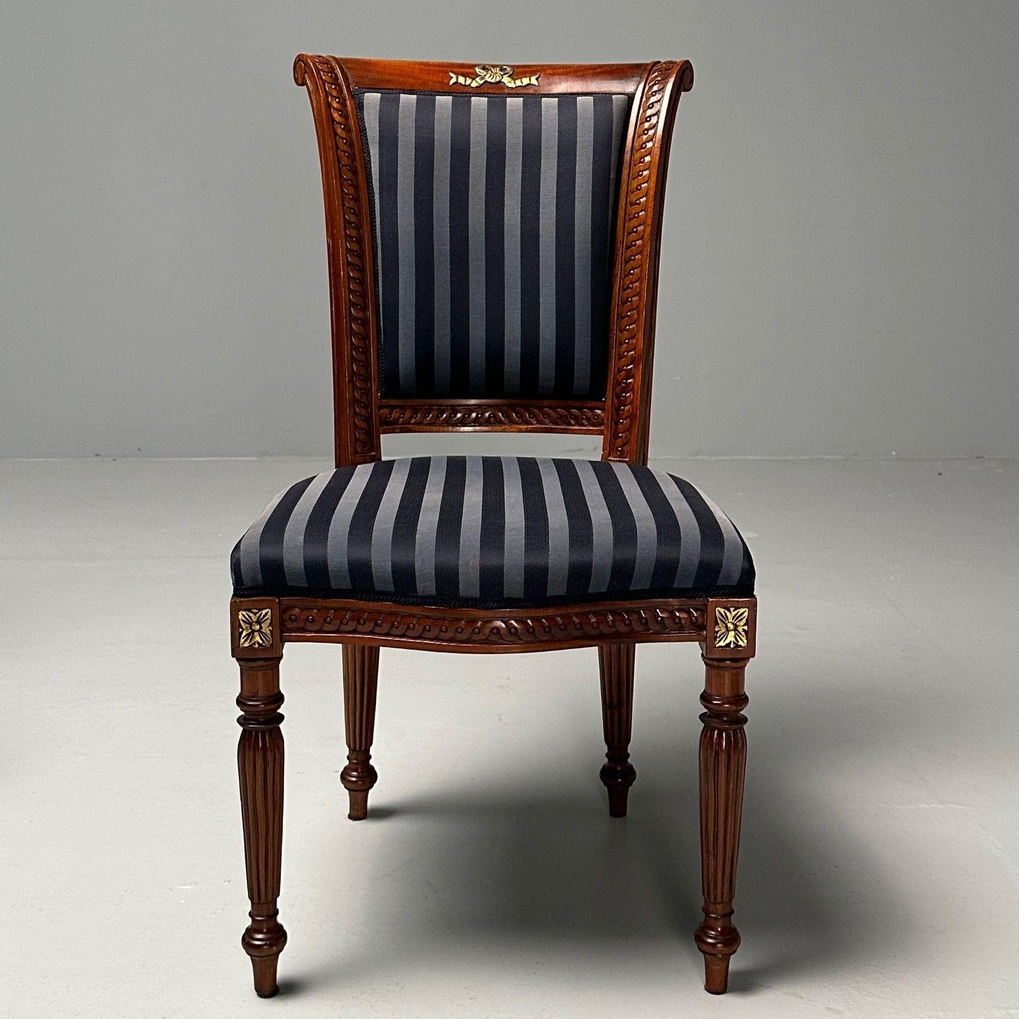 Louis XVI, Dining Chairs, Walnut, Navy Fabric, Giltwood, United States, 2000s 4