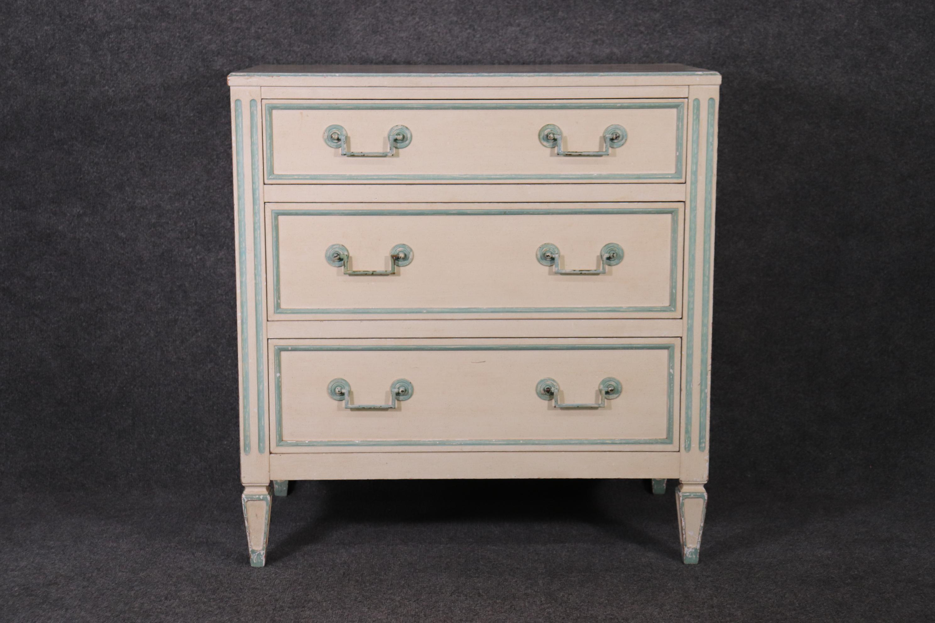 Dimensions- H: 31 3/4in W: 30 1/4in D: 18 1/2in
This distressed Louis XVI Directoire style paint decorated chest of drawers by Bodart is Made from High quality wood and done in a beautiful swedish Finish. The hardware is made of high quality brass