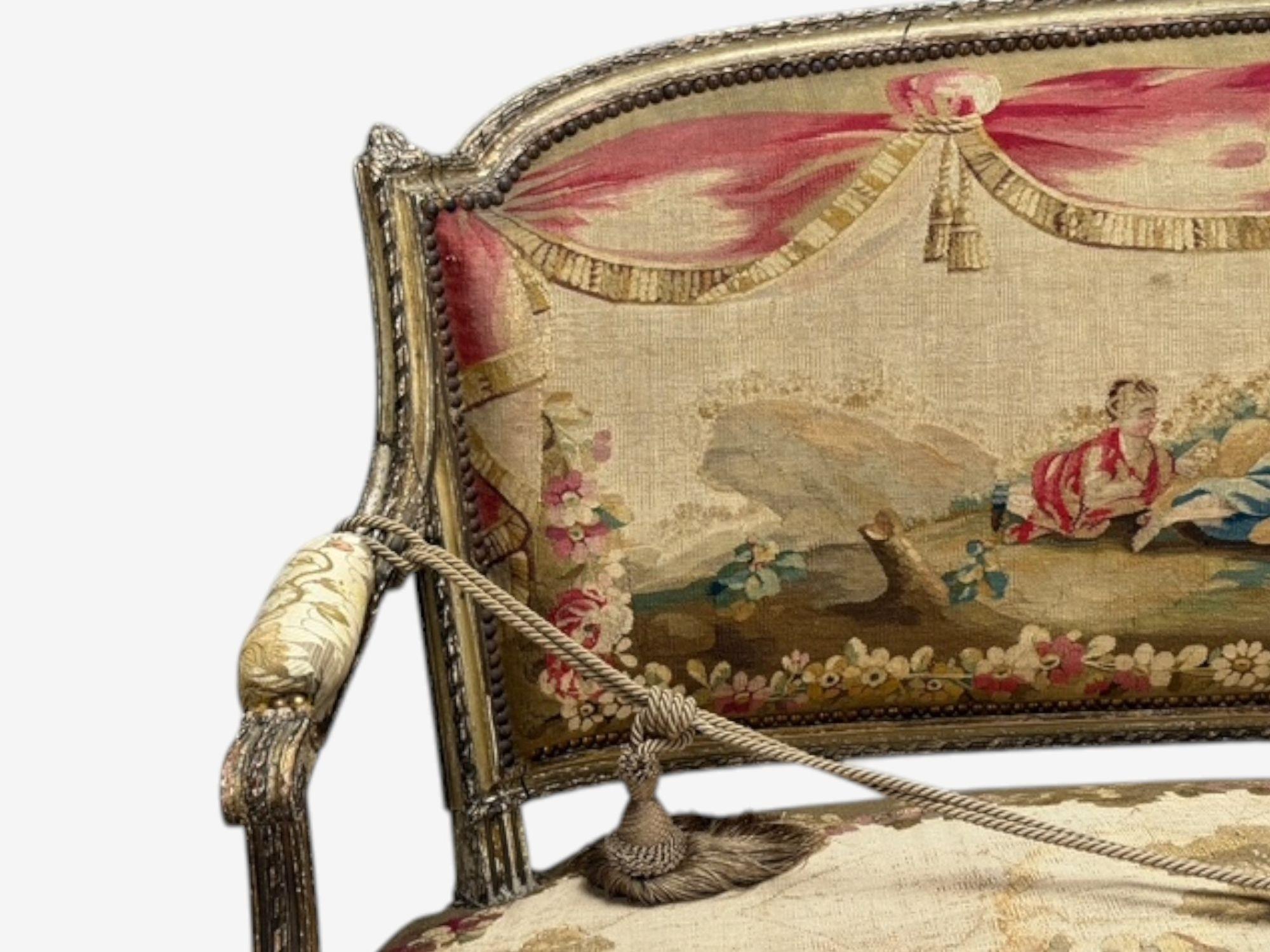 Français Louis XVI, Wood Distressed, Tapestry, Sofa, France, C.I.C. en vente
