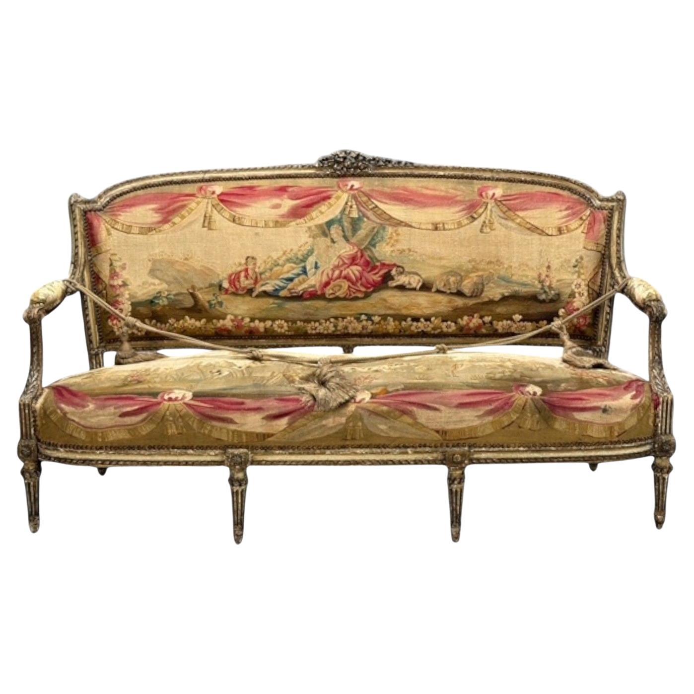 Louis XVI, Wood Distressed, Tapestry, Sofa, France, C.I.C. en vente