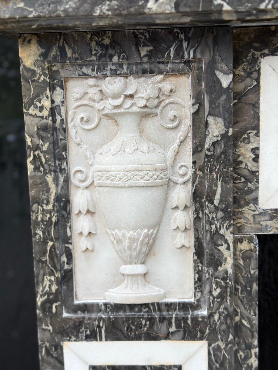 French Louis XVI Fireplace In Gray Saint Anne And Statuary White Marble Circa 1800 For Sale