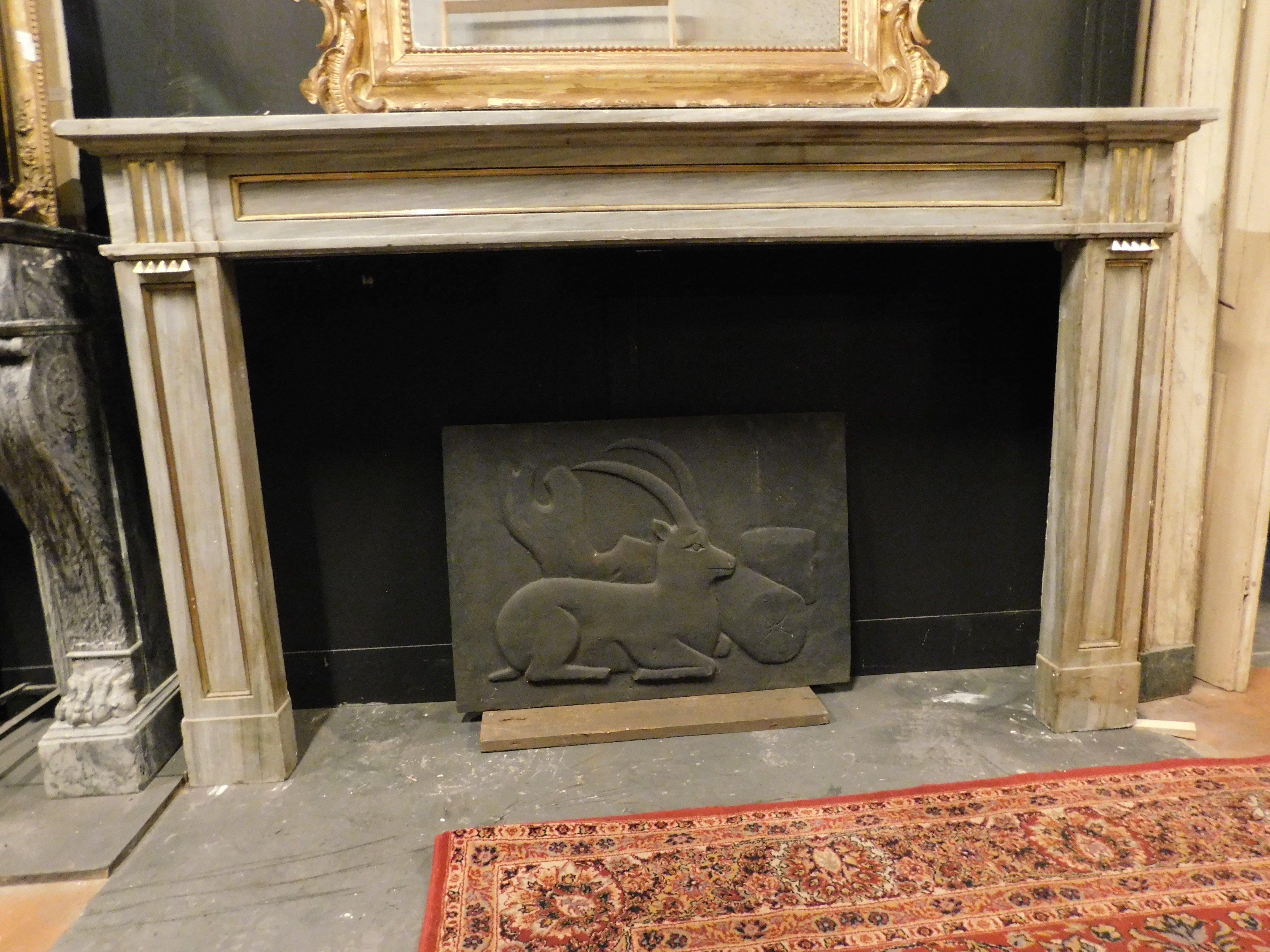18th Century and Earlier Louis XVI fireplace mantel in grey marble with gold trim, Italy For Sale