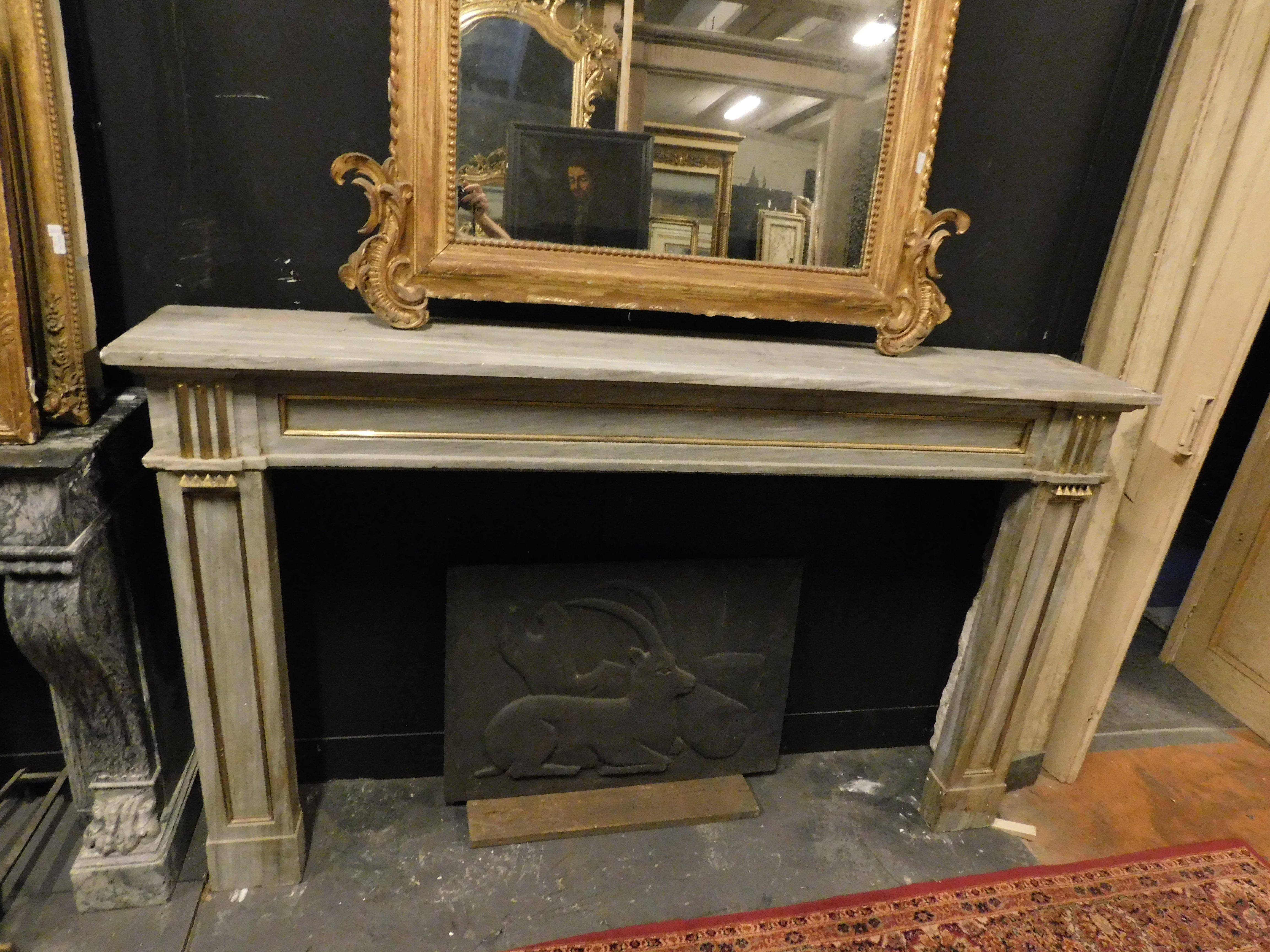 Marble Louis XVI fireplace mantel in grey marble with gold trim, Italy For Sale