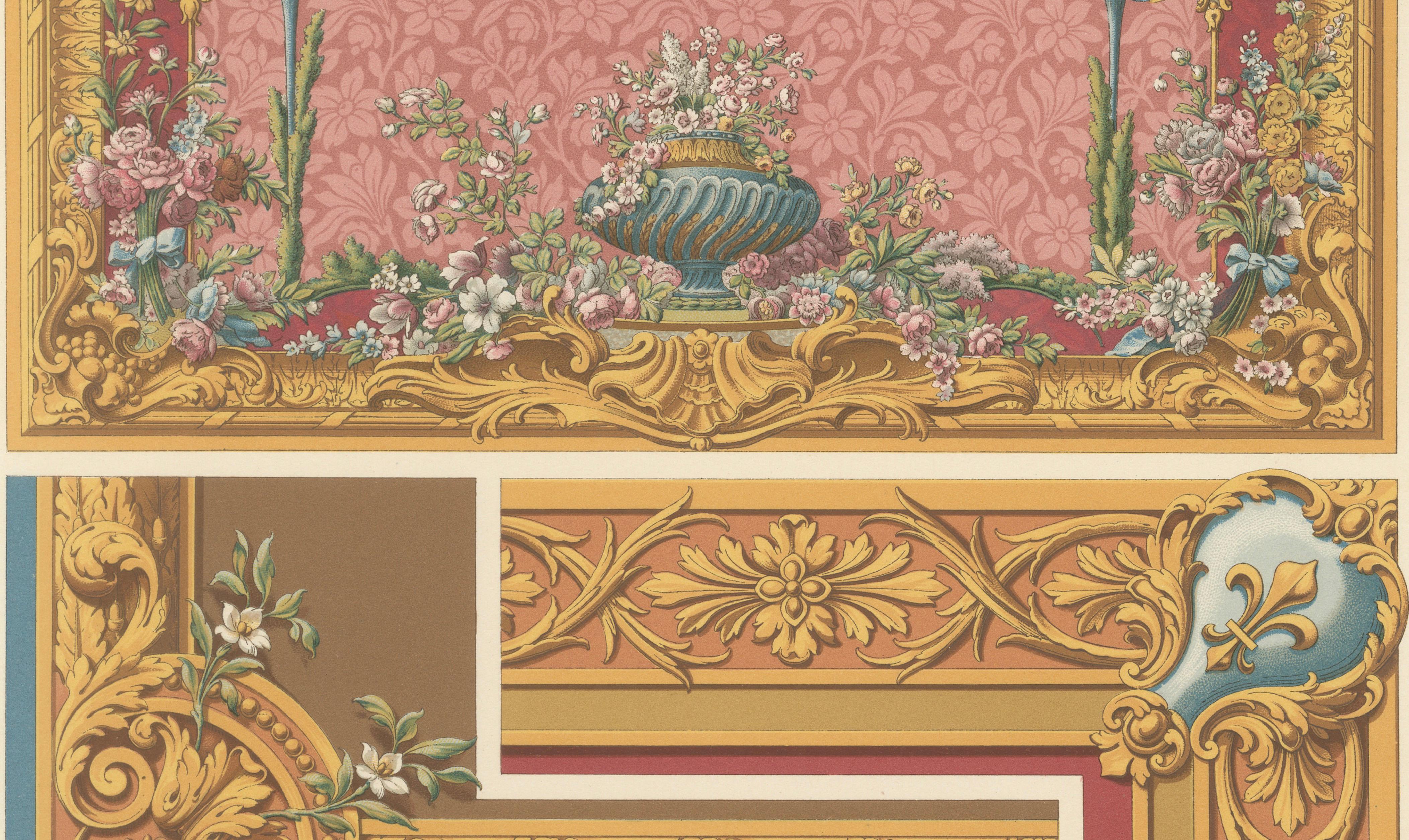 Louis XVI Floral Decorative Panel Chromolithograph by Racinet, Paris, c.1873