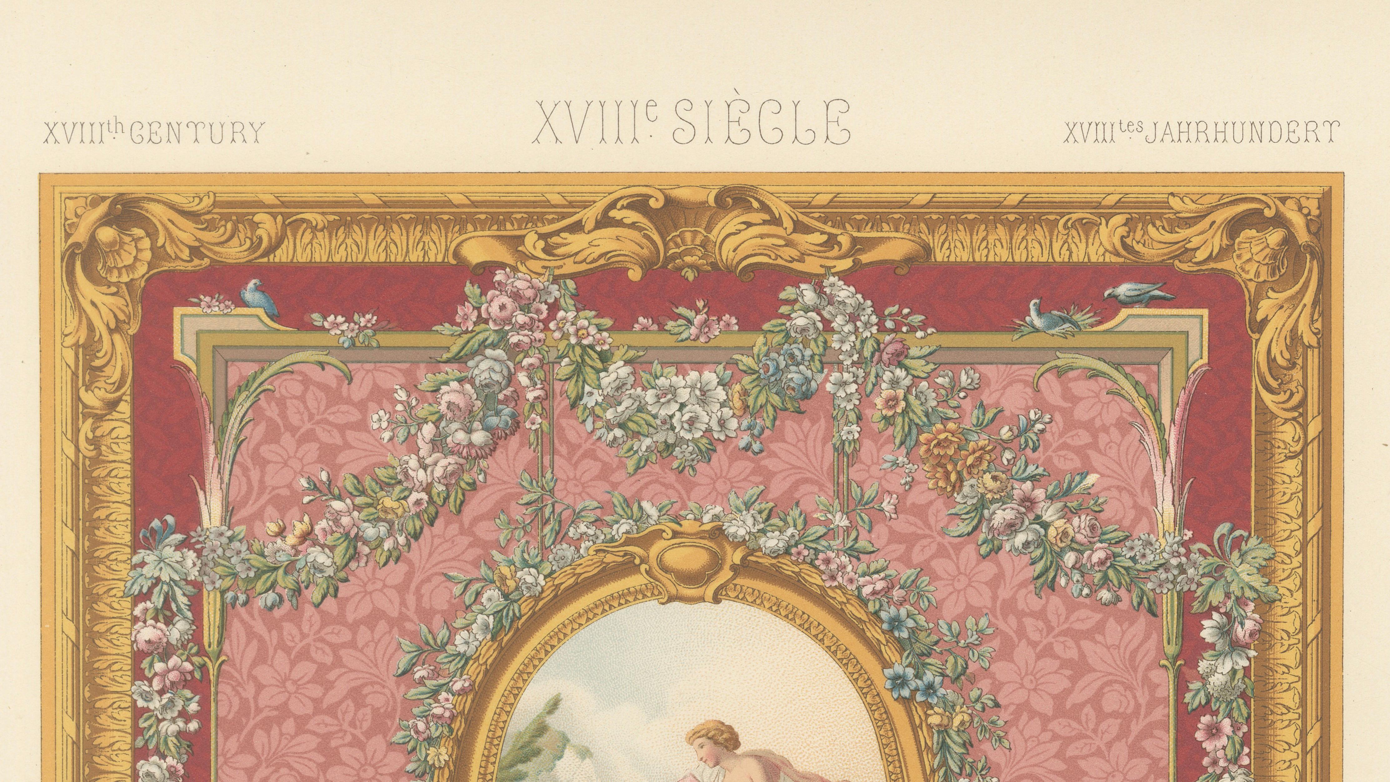 Louis XVI Floral Decorative Panel Chromolithograph by Racinet, Paris, c.1873