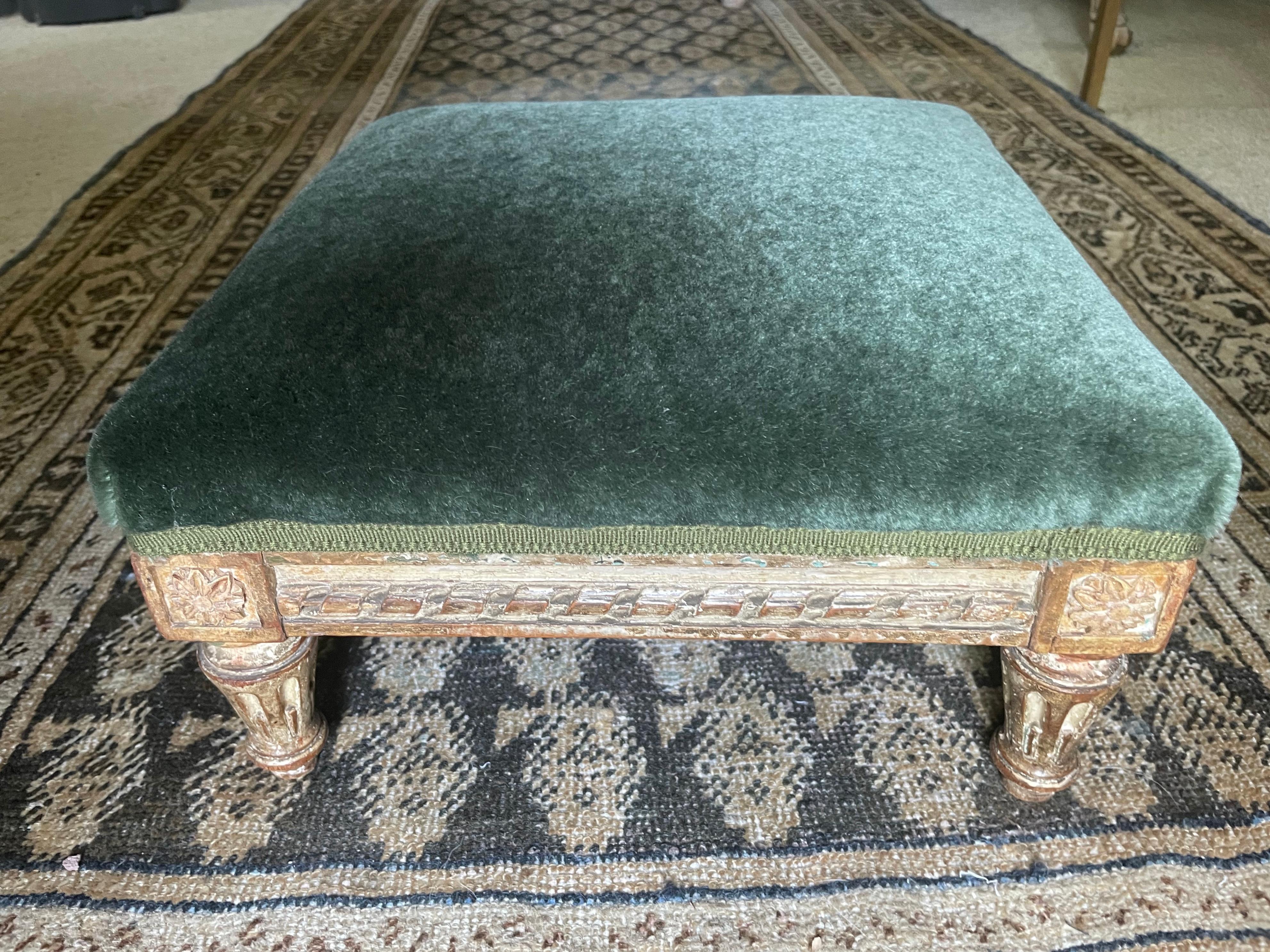 French Louis XVI Green Mohair Footstool  For Sale