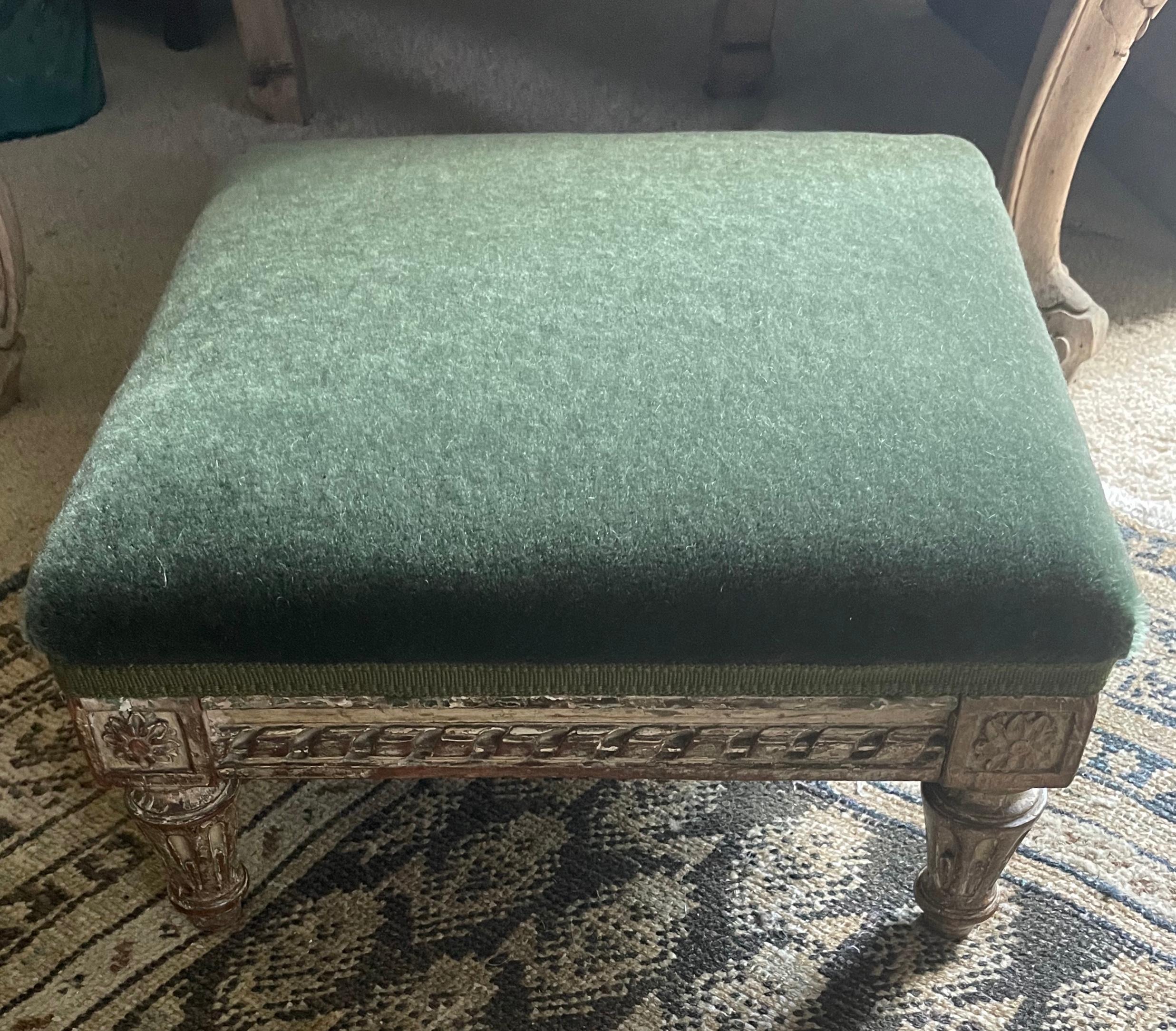 Hand-Carved Louis XVI Green Mohair Footstool  For Sale