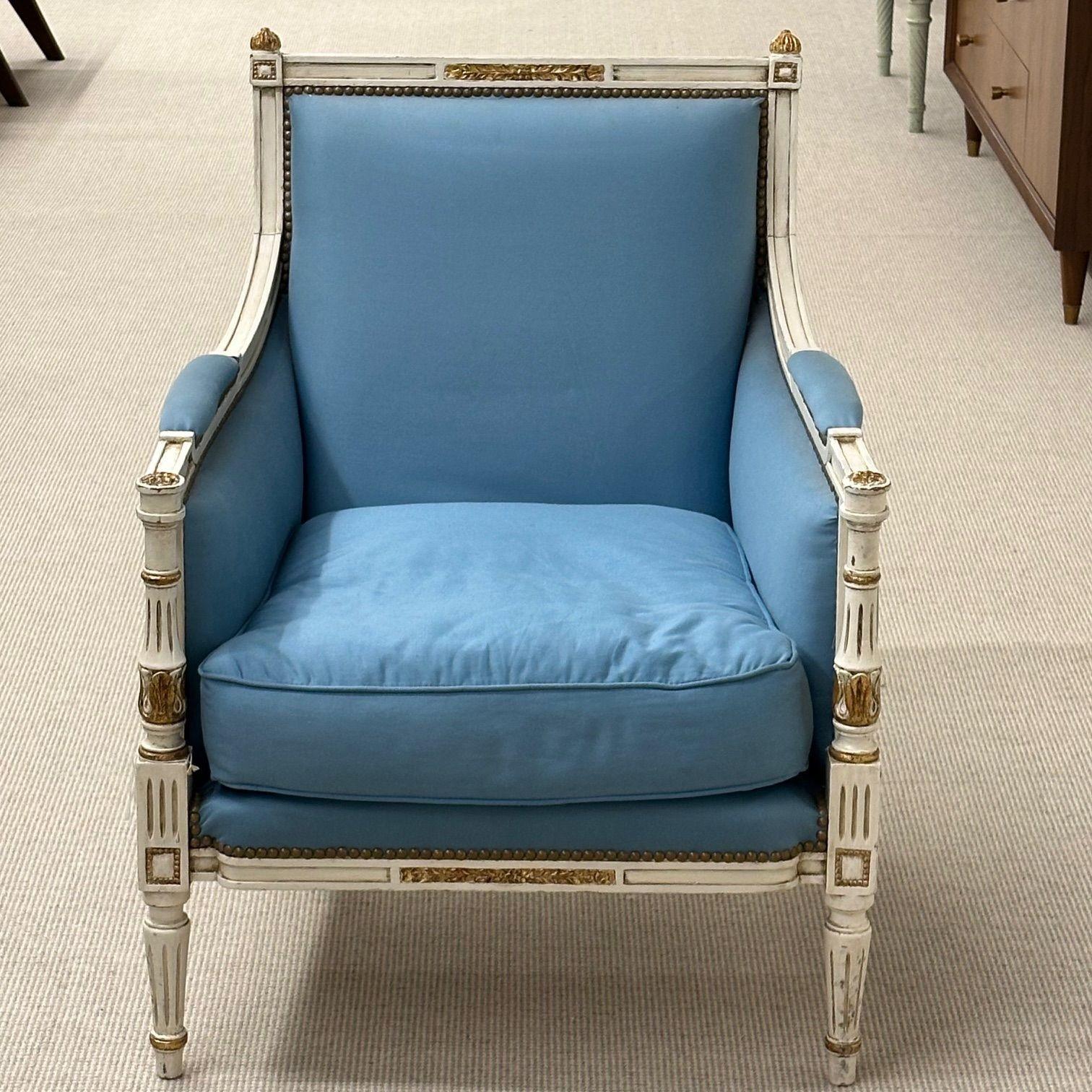 European Louis XVI, French Arm Chair, Painted Wood, Giltwood, Baby Blue Fabric, 1950s