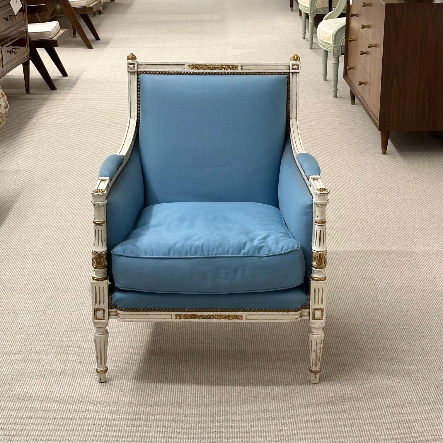 Louis XVI, French Arm Chair, Painted Wood, Giltwood, Baby Blue Fabric, 1950s In Good Condition In Stamford, CT