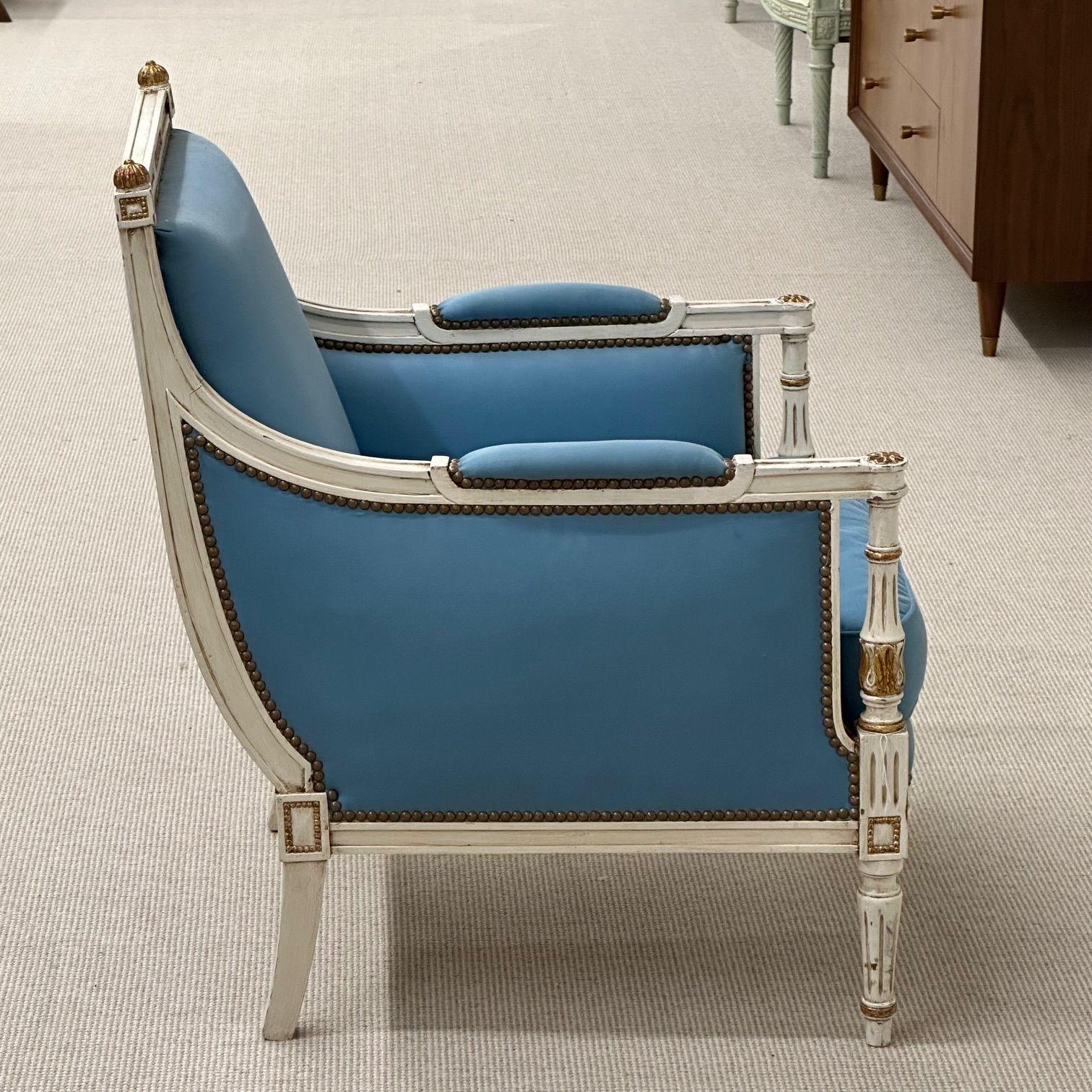 Mid-20th Century Louis XVI, French Arm Chair, Painted Wood, Giltwood, Baby Blue Fabric, 1950s