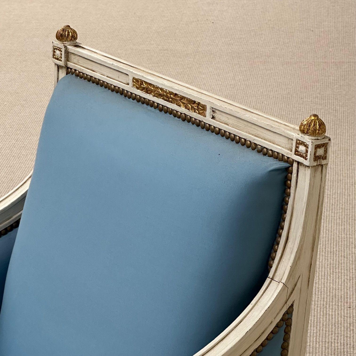 Louis XVI, French Arm Chair, Painted Wood, Giltwood, Baby Blue Fabric, 1950s 2