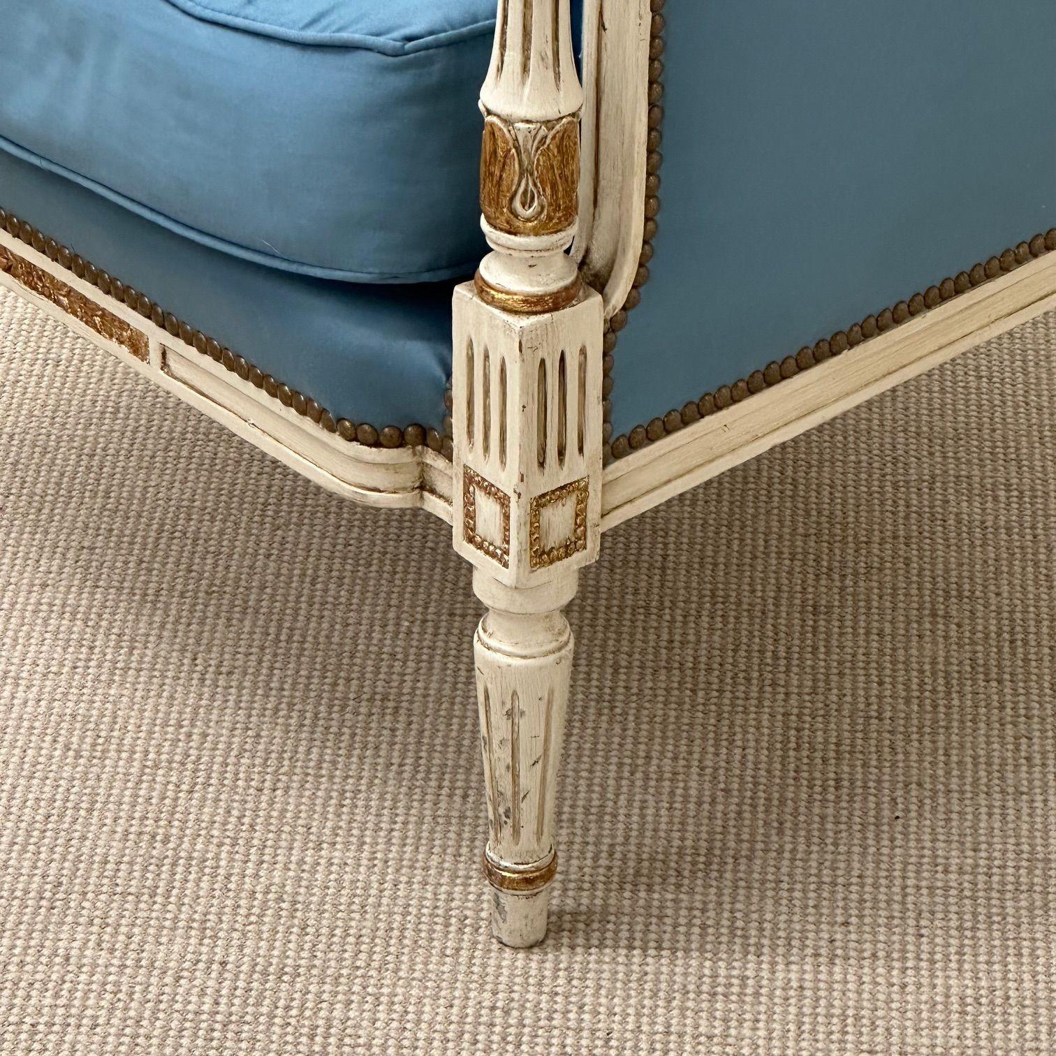Louis XVI, French Arm Chair, Painted Wood, Giltwood, Baby Blue Fabric, 1950s 3