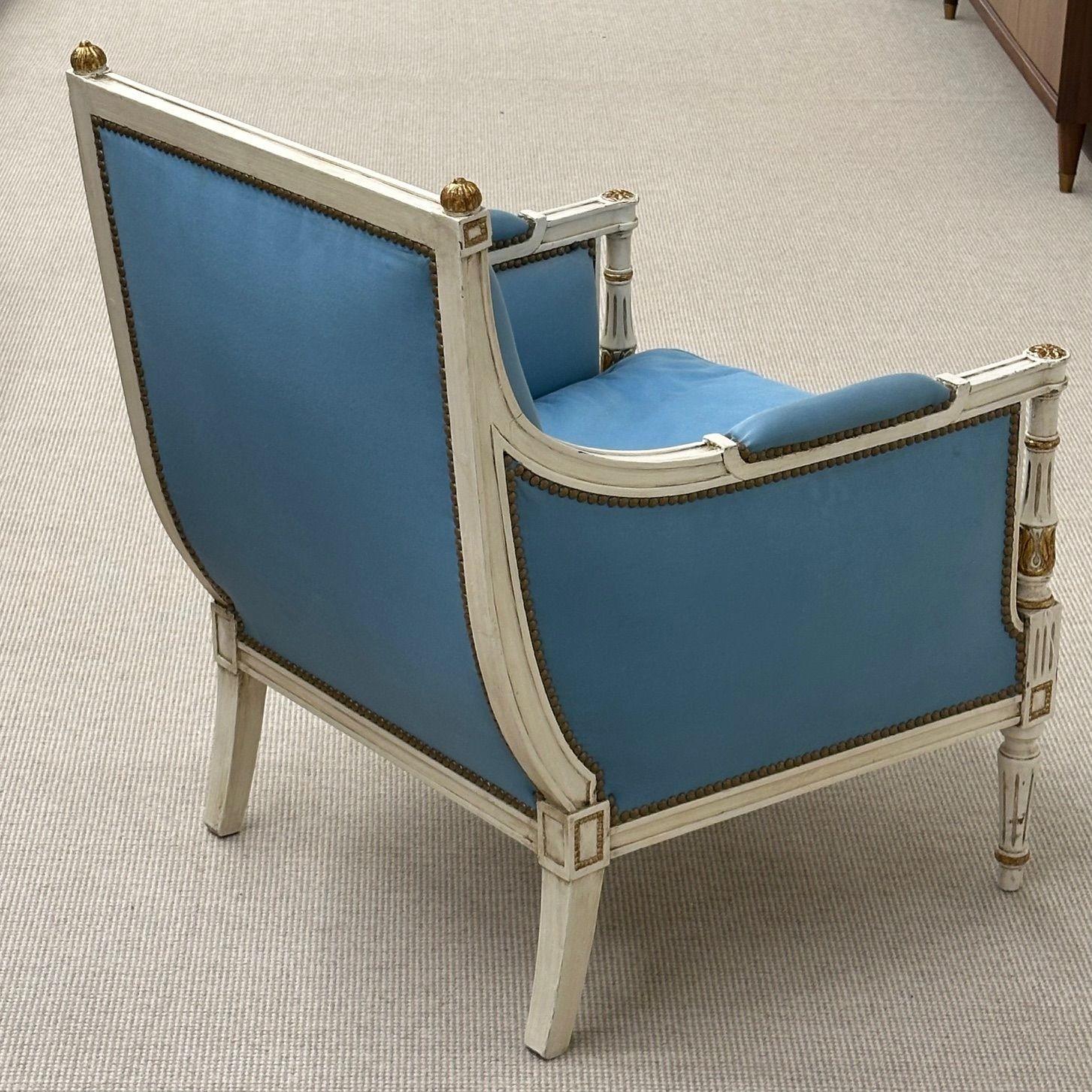 Louis XVI, French Arm Chair, Painted Wood, Giltwood, Baby Blue Fabric, 1950s 4
