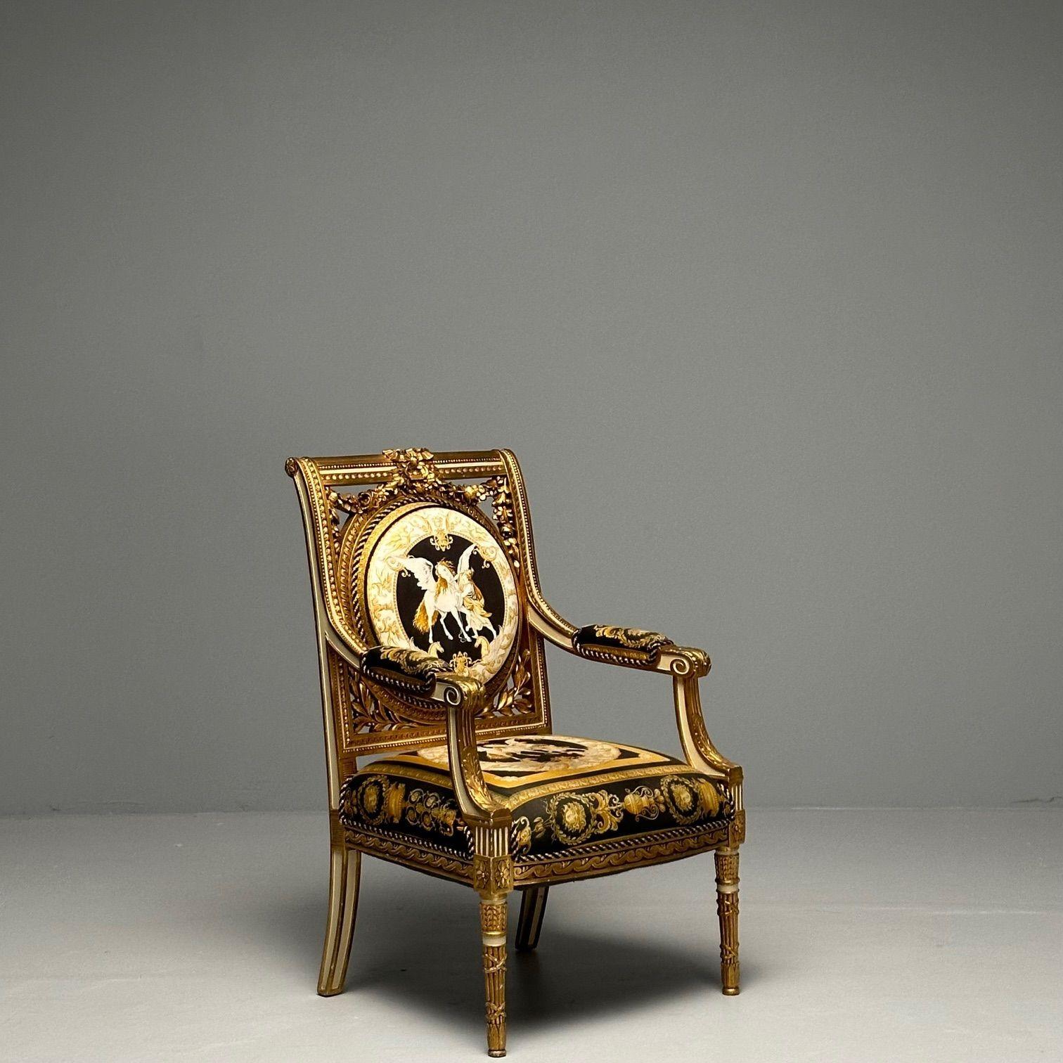 Louis XVI, French Arm Chair, Versace Fabric, Giltwood, France, 1960s For Sale 6