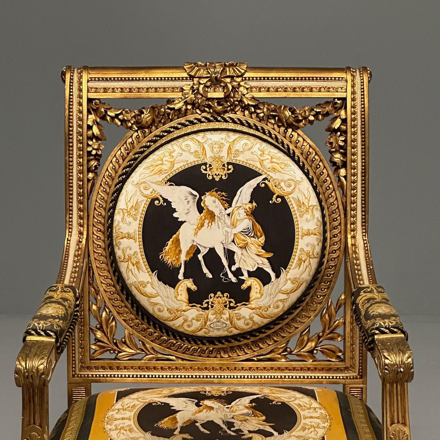 Louis XVI, French Arm Chair, Versace Fabric, Giltwood, France, 1960s For Sale 9