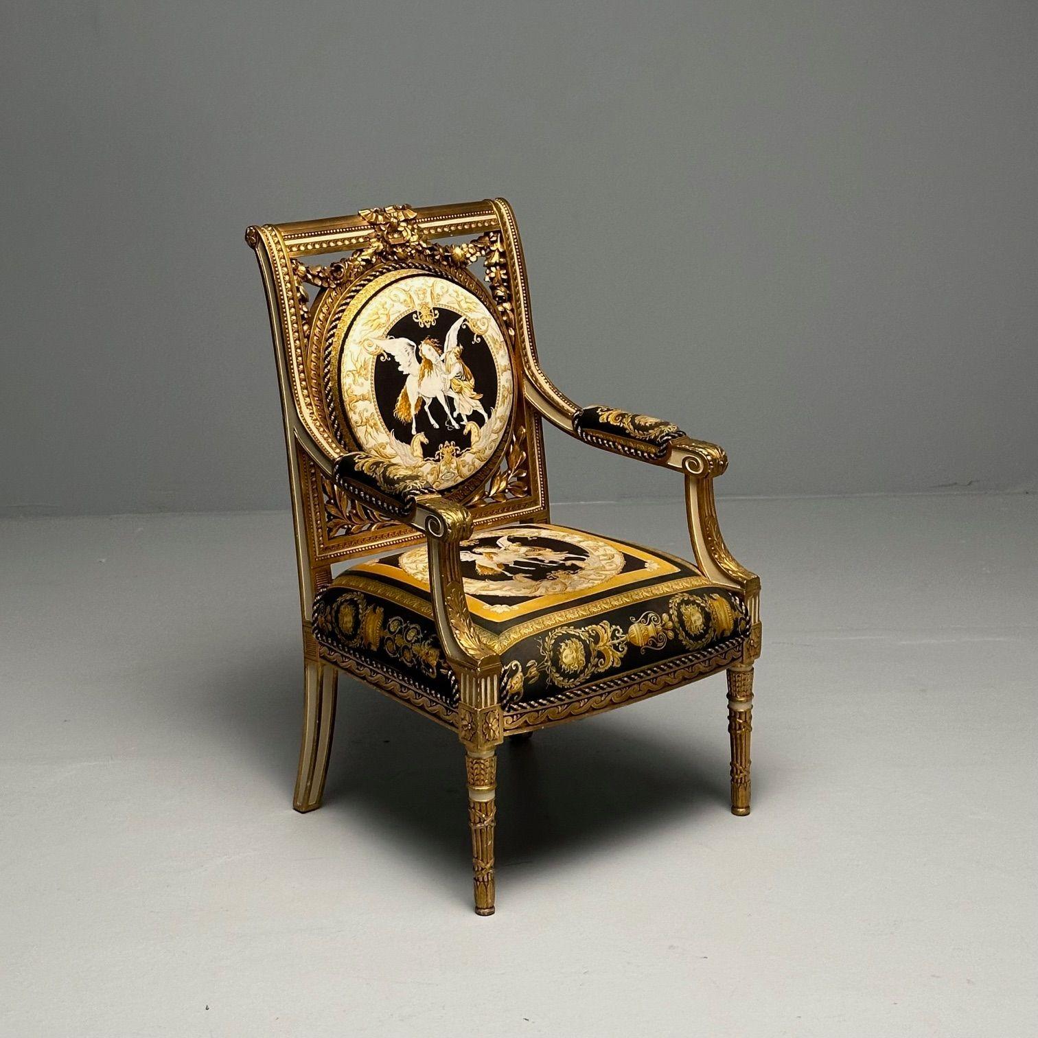 Louis XVI, French Arm Chair, Versace Fabric, Giltwood, France, 1960s

A Louis XVI style armchair designed and produced in France. Finest Versace upholstery covers this one of a kind work of art. Intricate hand carved detailing throughout. The