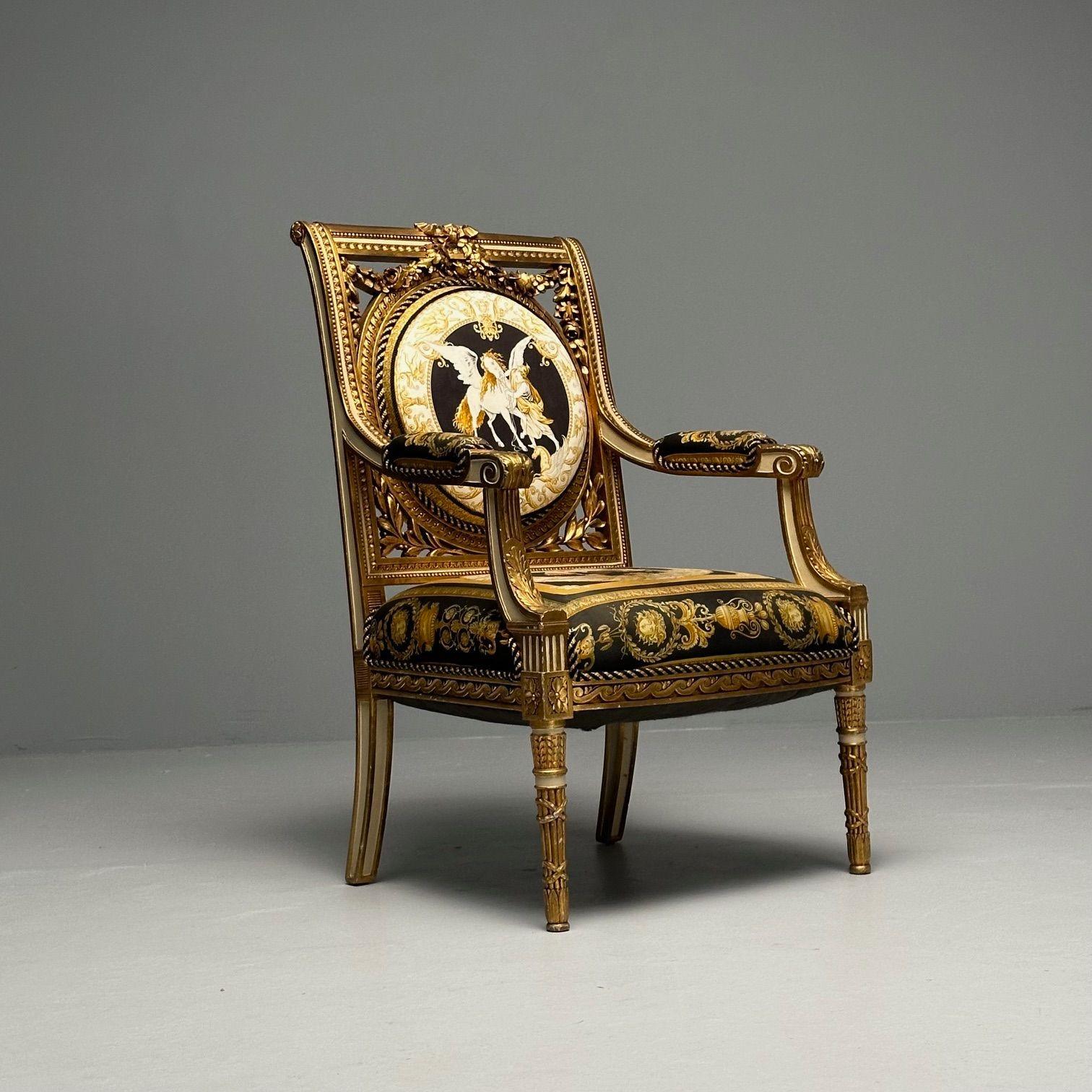 Mid-20th Century Louis XVI, French Arm Chair, Versace Fabric, Giltwood, France, 1960s For Sale