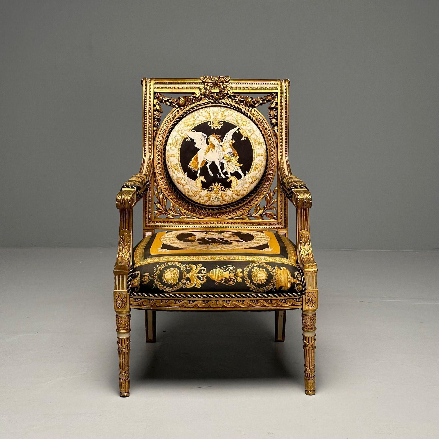 Louis XVI, French Arm Chair, Versace Fabric, Giltwood, France, 1960s For Sale 1