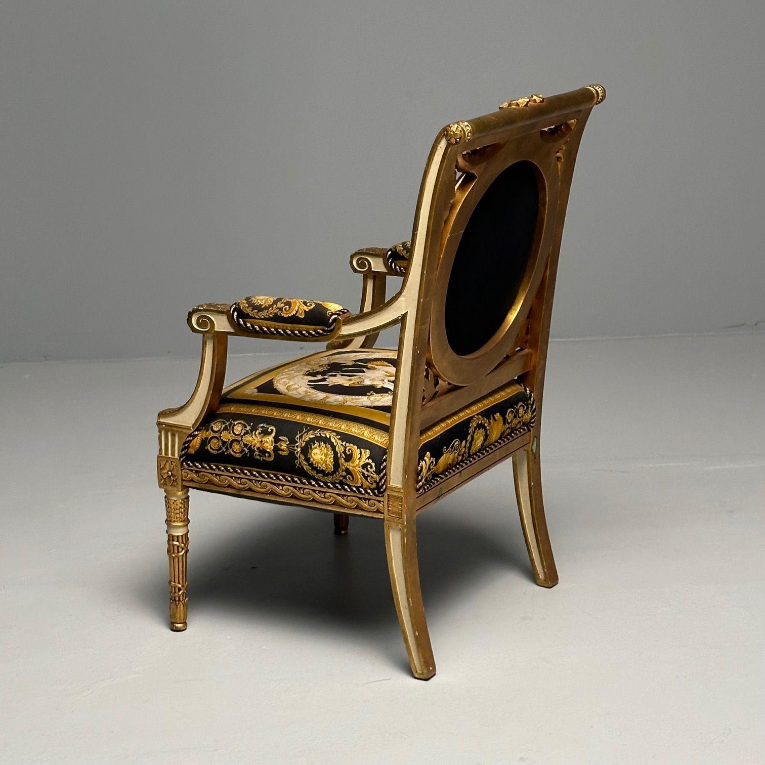 Louis XVI, French Arm Chair, Versace Fabric, Giltwood, France, 1960s For Sale 3