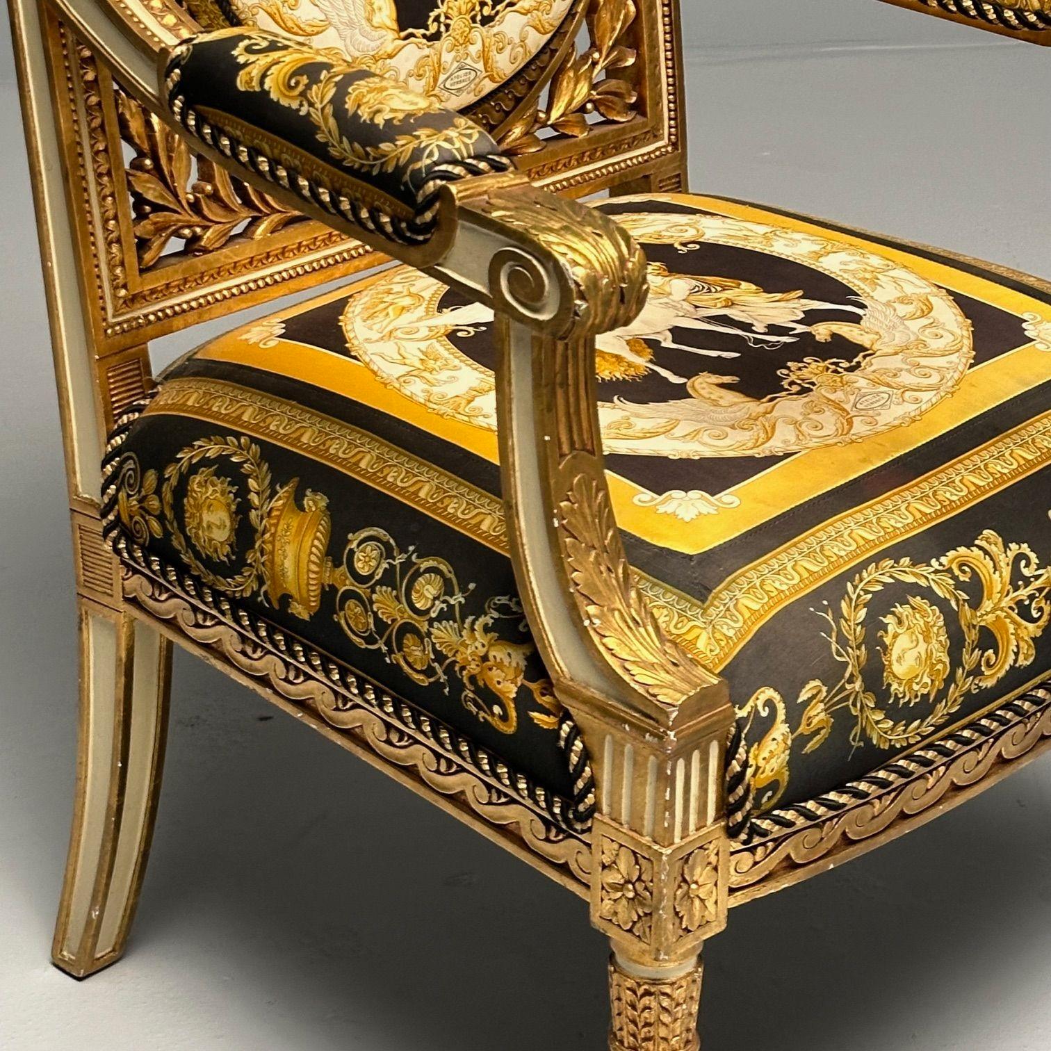 Louis XVI, French Arm Chair, Versace Fabric, Giltwood, France, 1960s For Sale 4