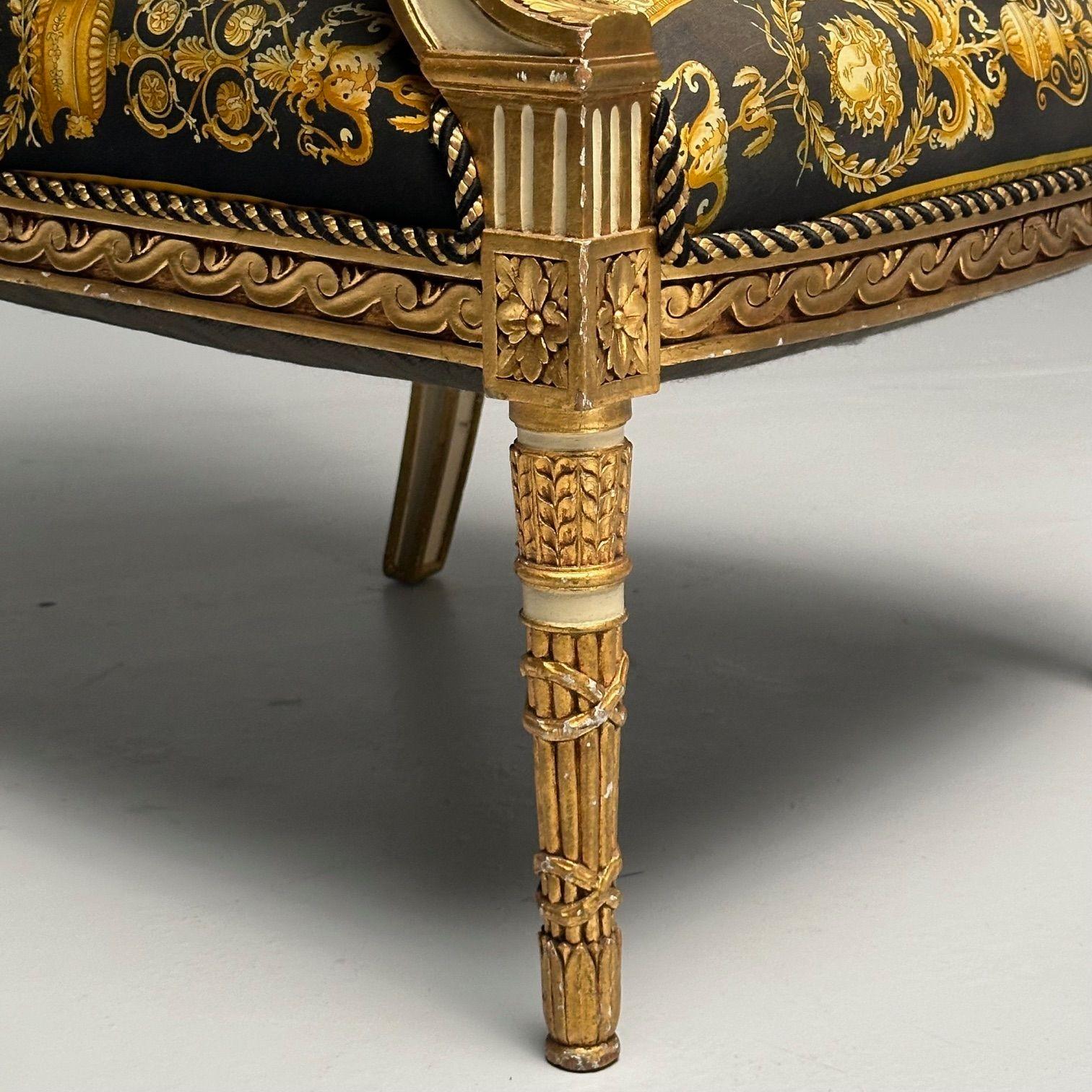 Louis XVI, French Arm Chair, Versace Fabric, Giltwood, France, 1960s For Sale 5