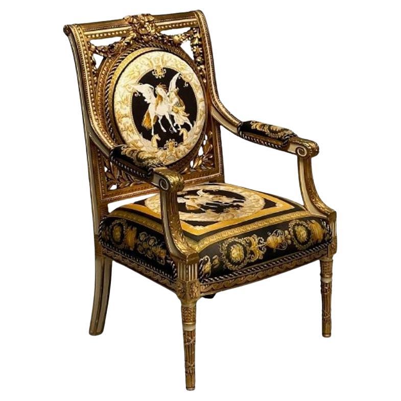 Louis XVI, Französischer Sessel, Versace-Stoff, Giltwood, Frankreich, 1960er Jahre