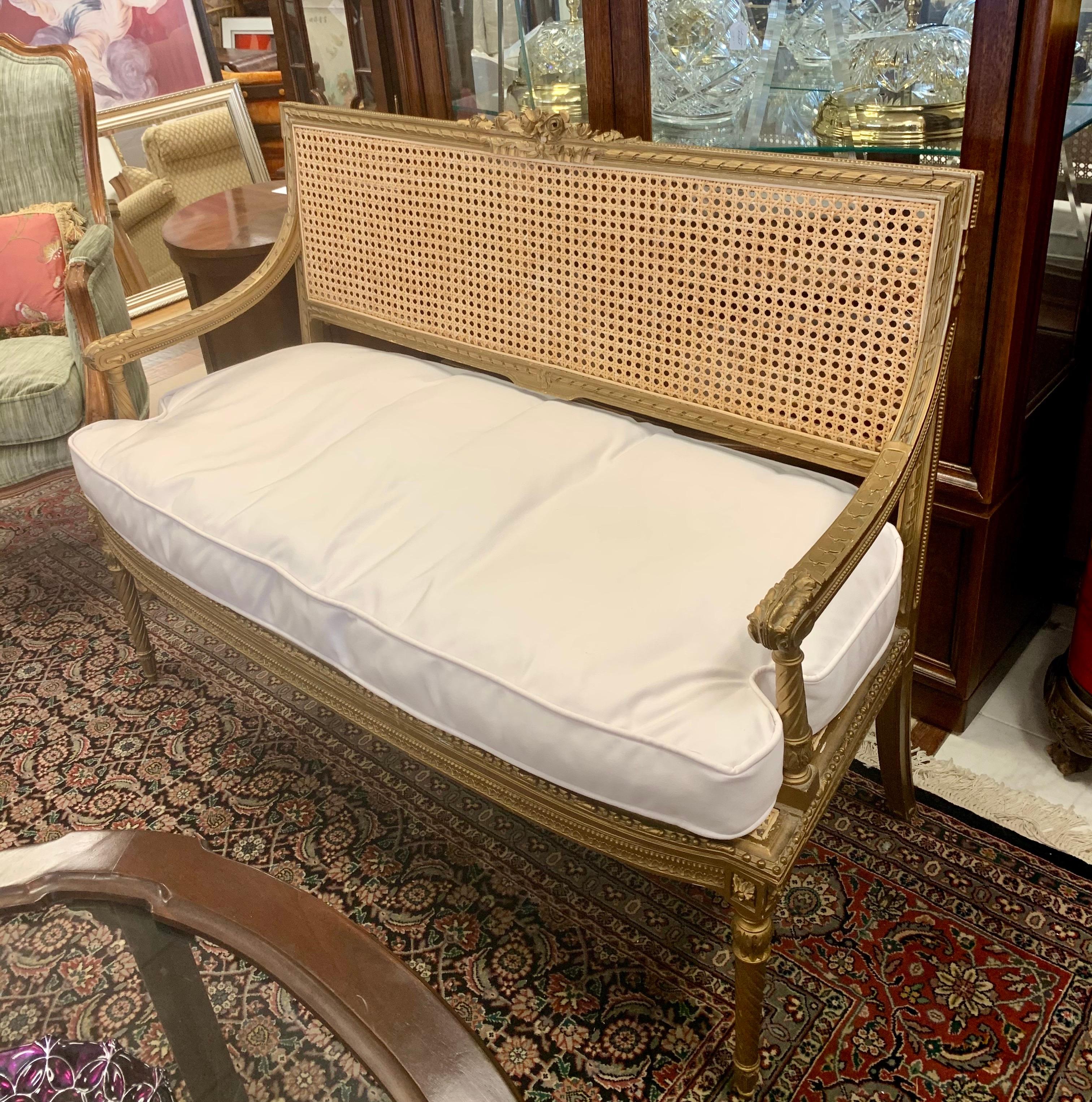 20th Century Louis XVI French Carved Giltwood Caneback Settee Bench