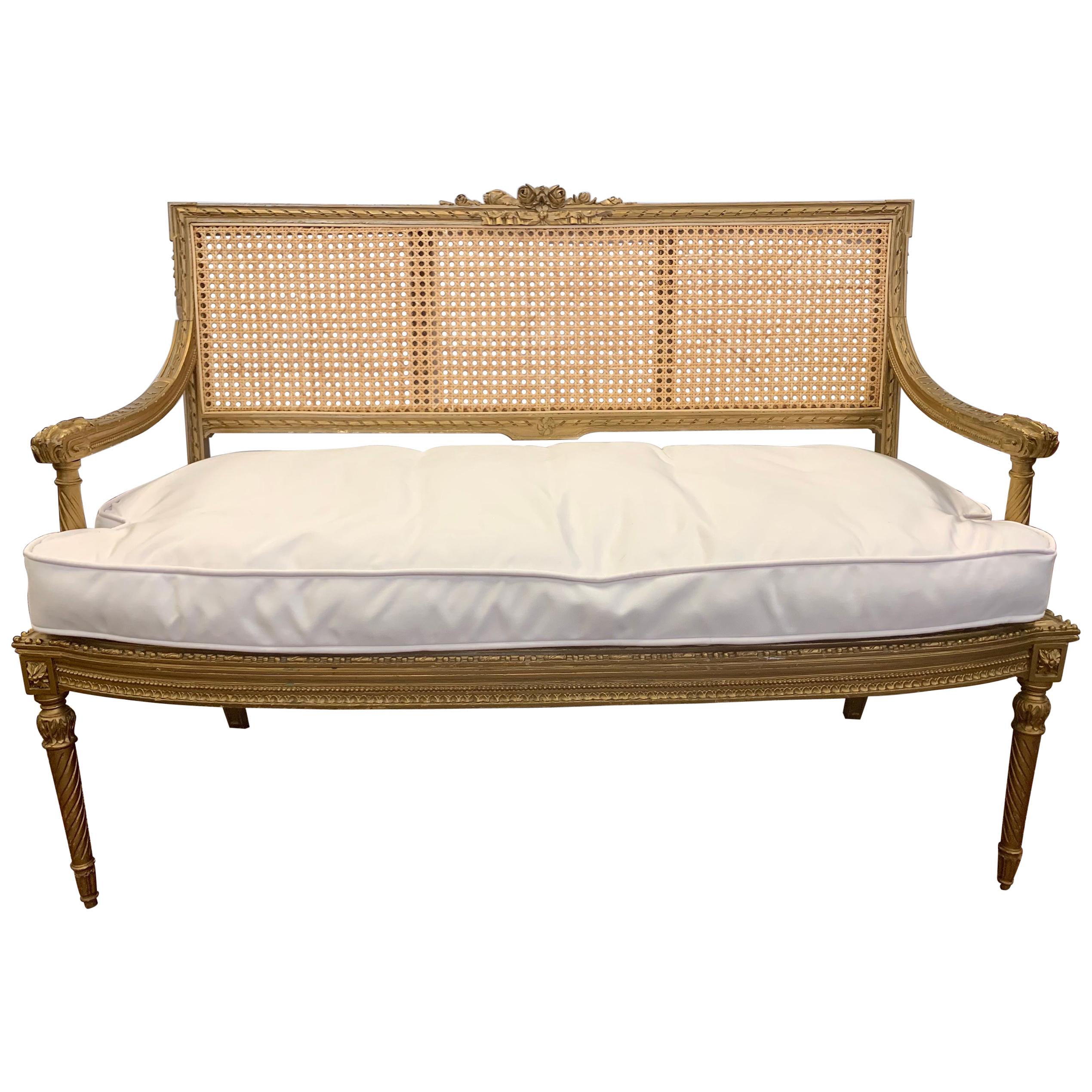 Louis XVI French Carved Giltwood Caneback Settee Bench