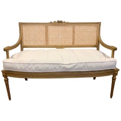 Antique Louis XVI French Carved Giltwood Caneback Settee Bench