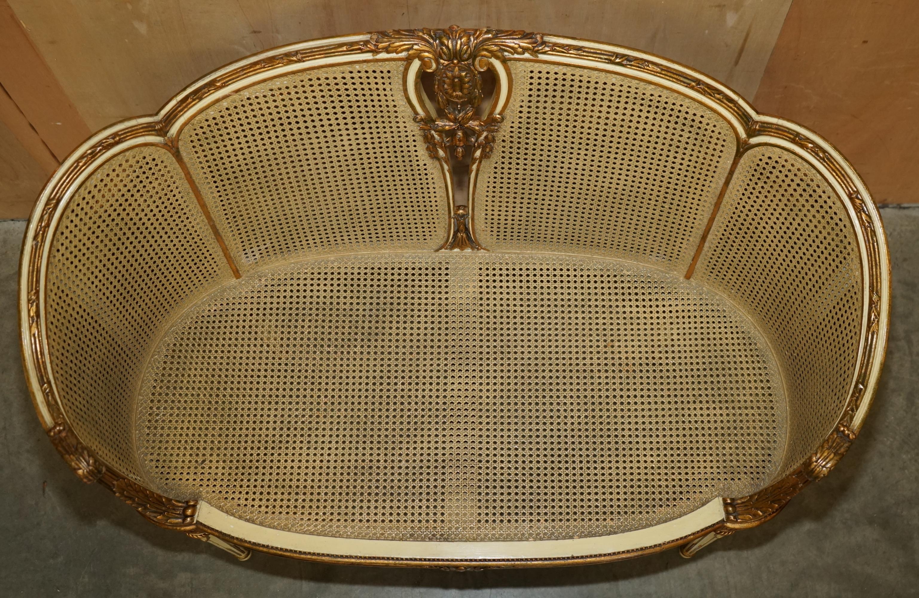 19th Century LOUIS XVI FRENCH CARVED GiLTWOOD DOUBLE CANED BERGERE SETTEE SOFA WINDOW SEAT For Sale
