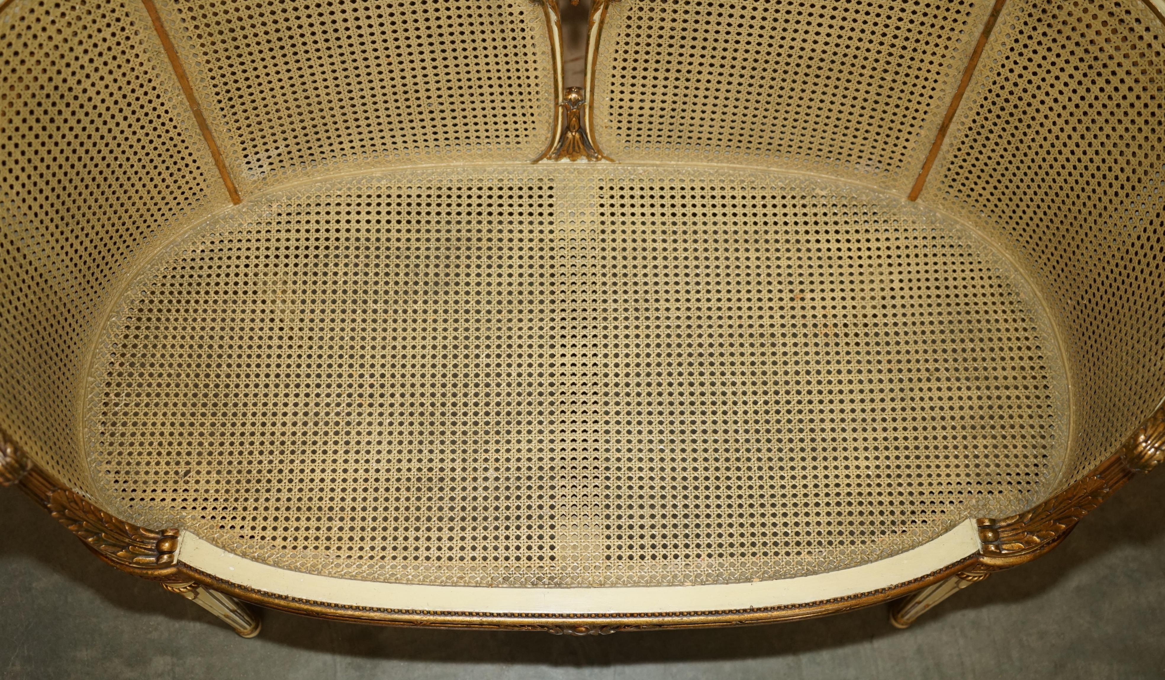 Rattan LOUIS XVI FRENCH CARVED GiLTWOOD DOUBLE CANED BERGERE SETTEE SOFA WINDOW SEAT For Sale