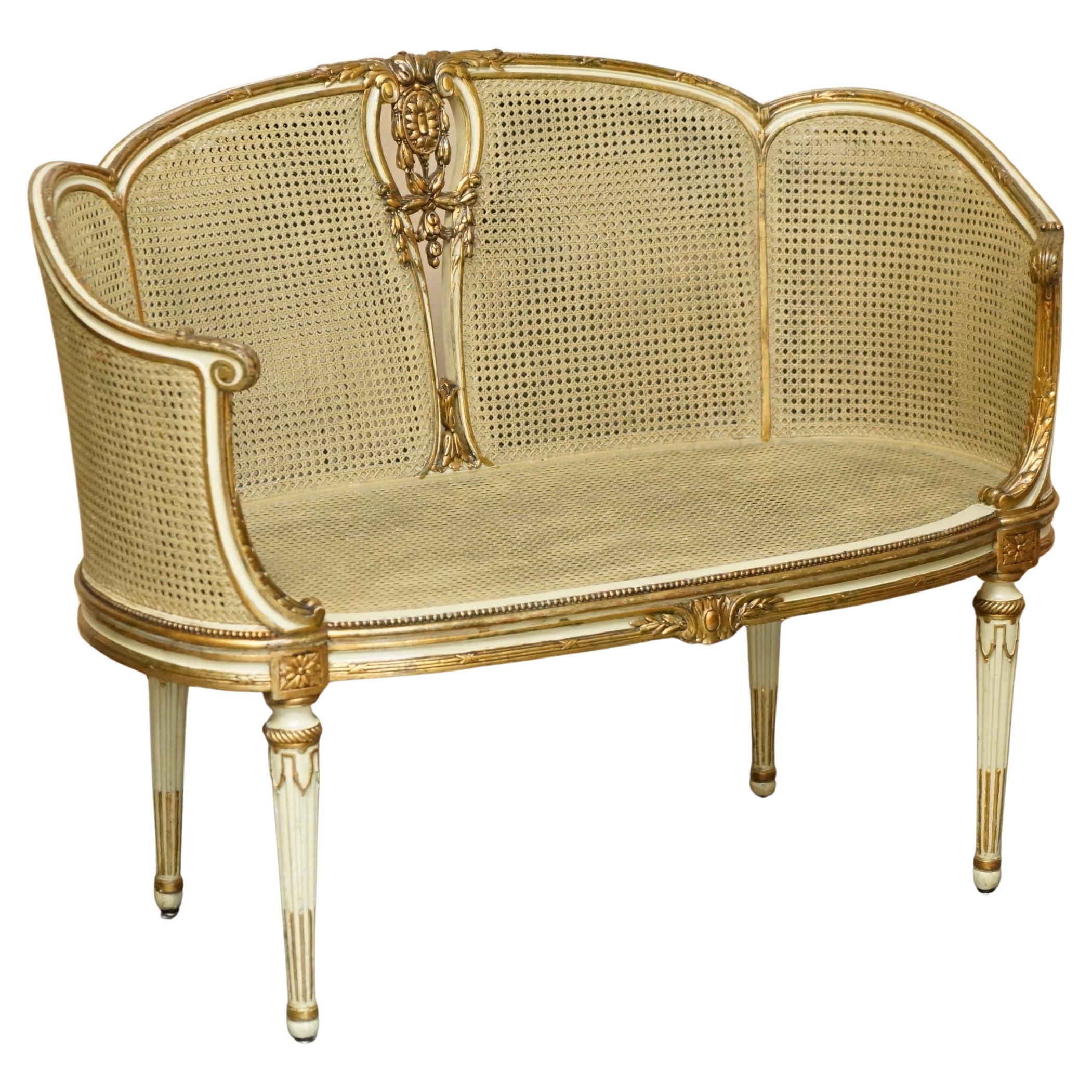 LOUIS XVI FRENCH CARVED GiLTWOOD DOUBLE CANED BERGERE SETTEE SOFA WINDOW SEAT For Sale