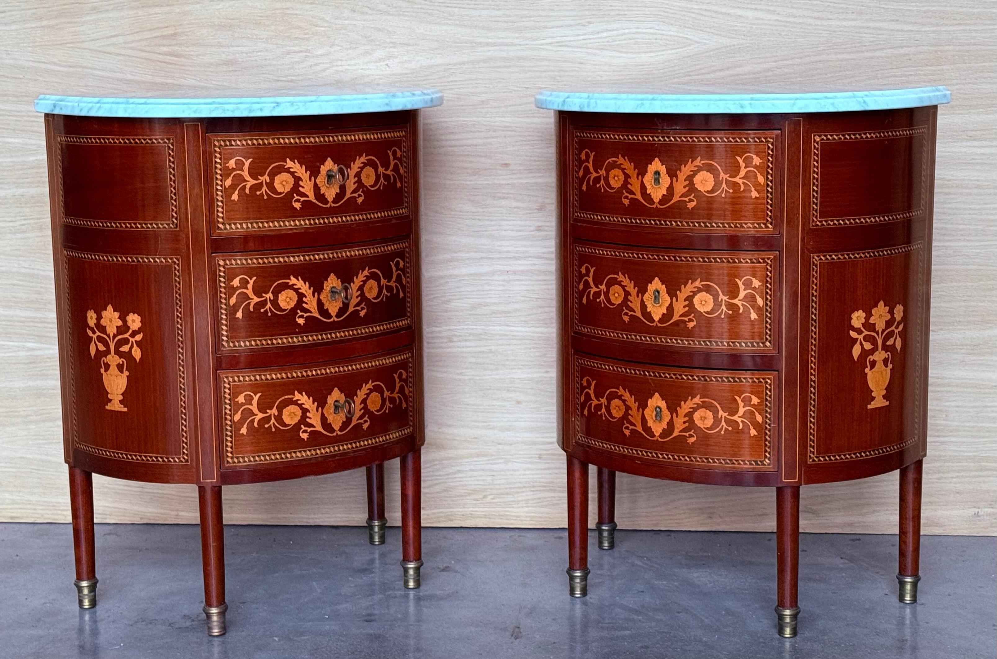 Louis XVI French Demilune Side Tables or Nightstands with Three Drawers In Good Condition For Sale In Miami, FL