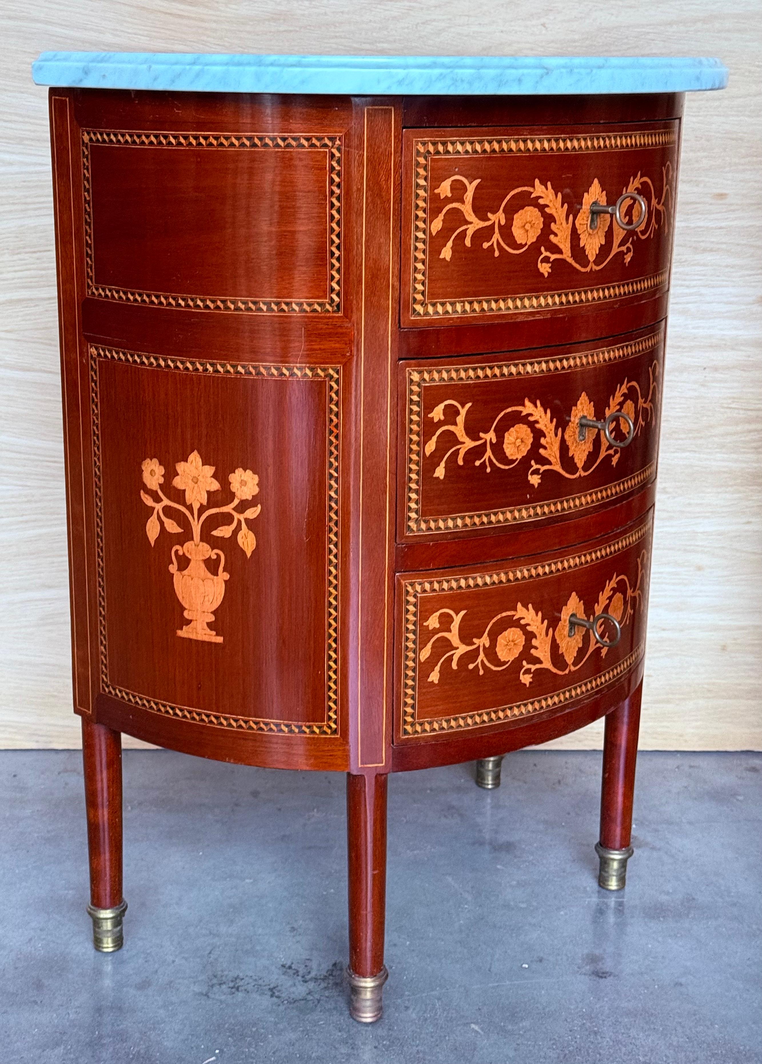 20th Century Louis XVI French Demilune Side Tables or Nightstands with Three Drawers For Sale