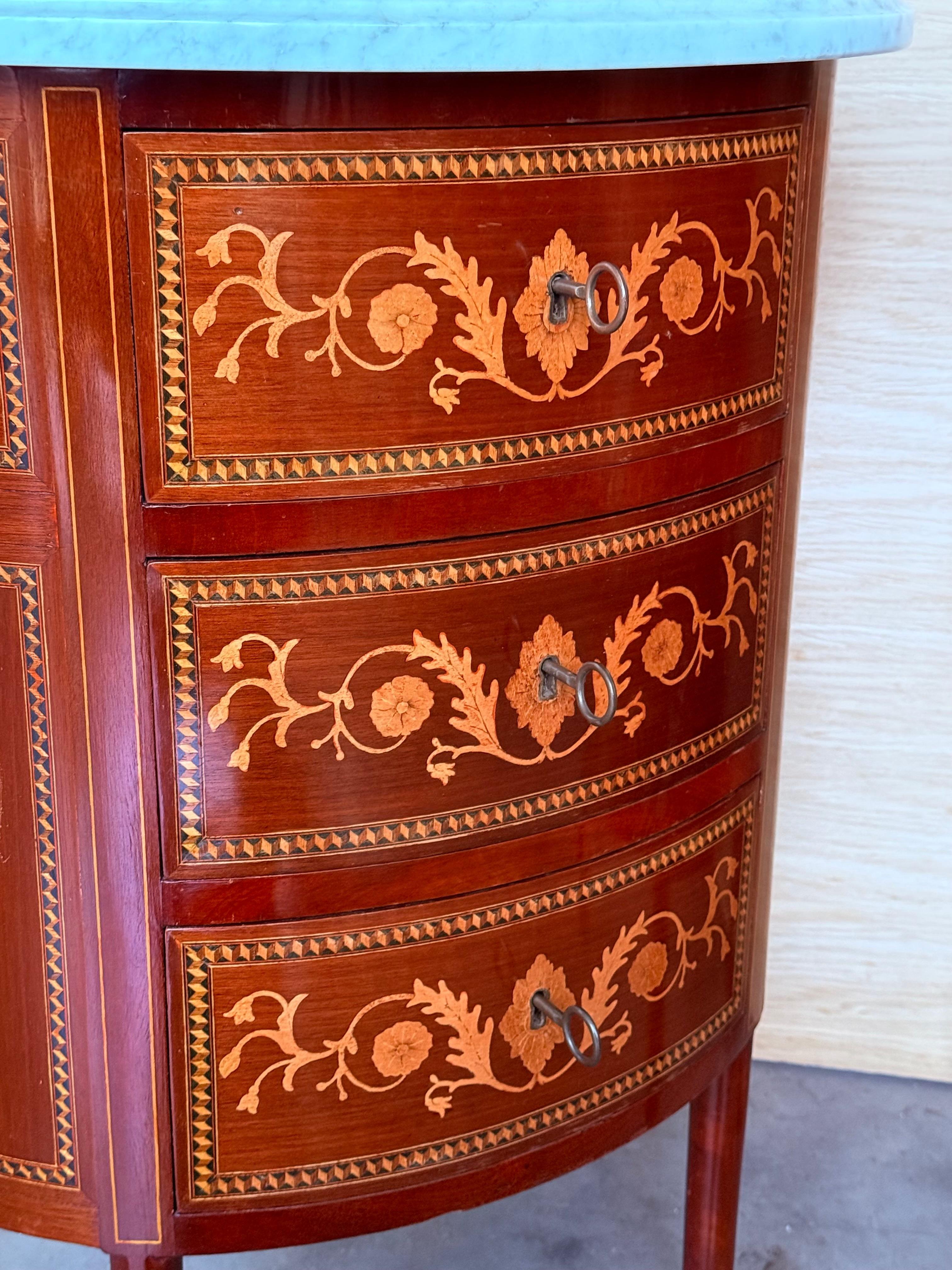 Louis XVI French Demilune Side Tables or Nightstands with Three Drawers For Sale 1