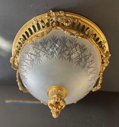 Louis XVI French Dore Bronze Etched Crystal Flush Mount Fixture Chandelier