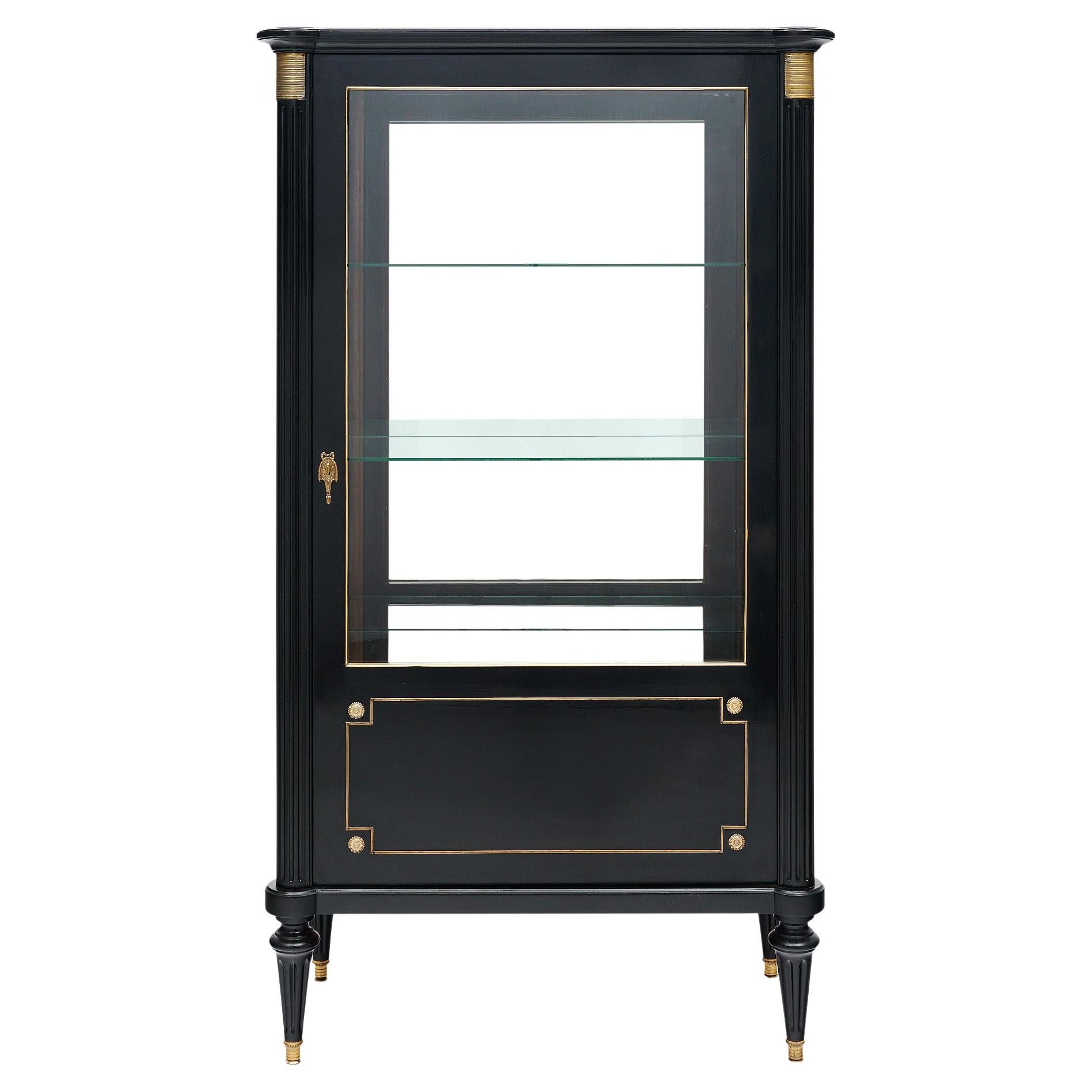 Louis XVI Ebonized Bookcase Vitrine with Brass Trim, France, 1920