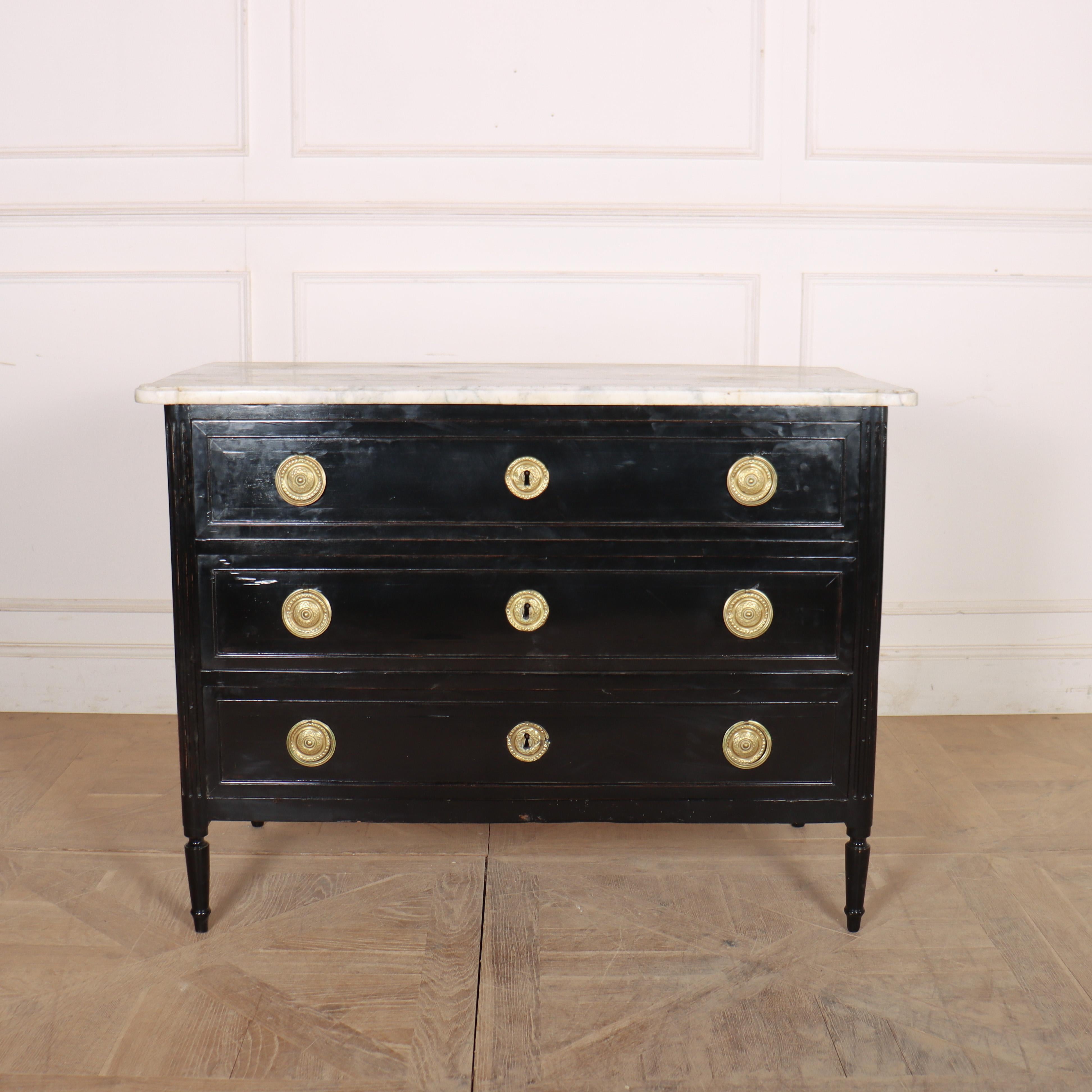 Late 18th Century French ebonized 3 drawer commode with a 3cm thick marble top. 1790