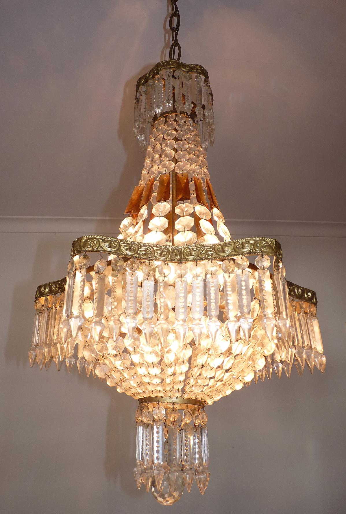 French Louis XVI Empire Amber Cut Crystal Basket and Gilt Bronze Chandelier, circa 1920 For Sale