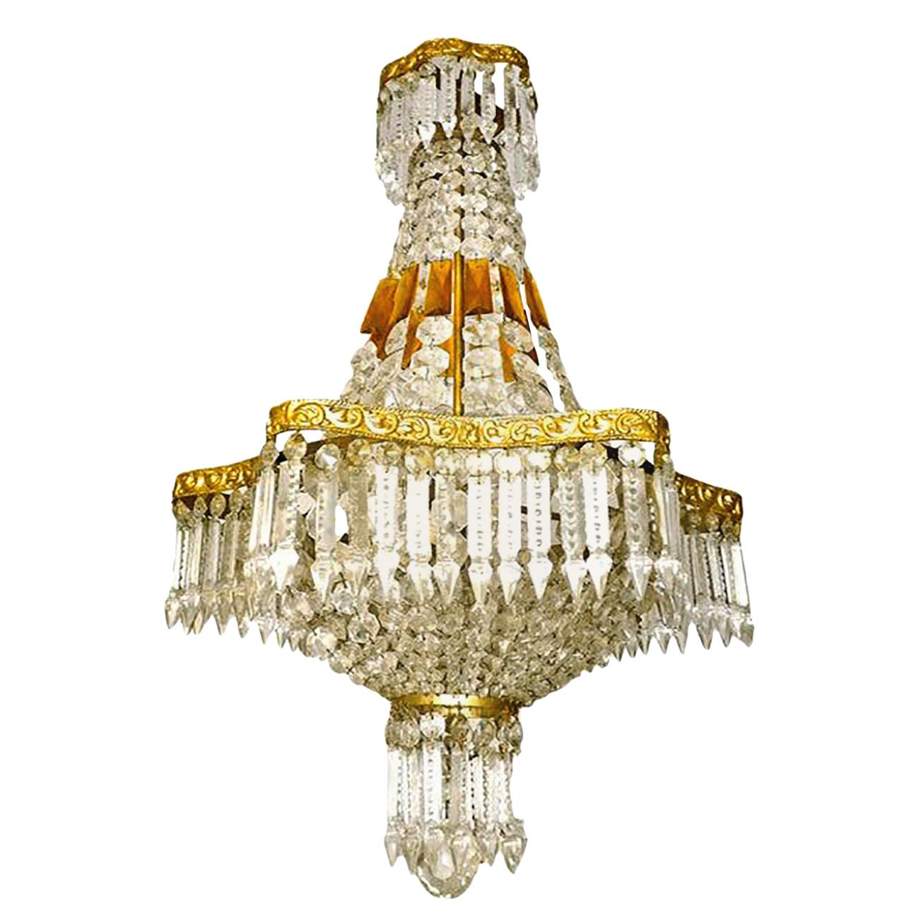 Lustre Empire Louis XVI en forme de panier en cristal taillé en ambre et bronze doré, vers 1920