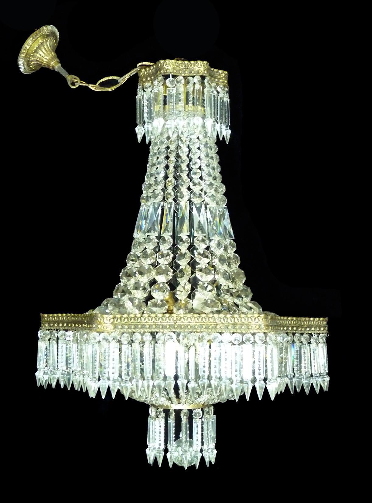 20th Century Louis XVI French Empire Cut Crystal Basket and Gilt Bronze Chandelier