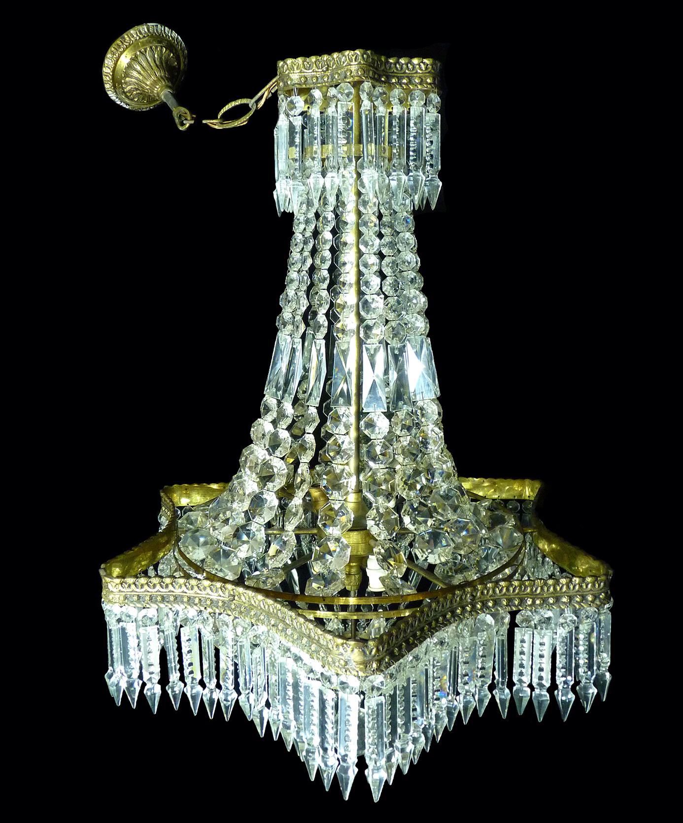 Louis XVI French Empire Cut Crystal Basket and Gilt Bronze Chandelier 1