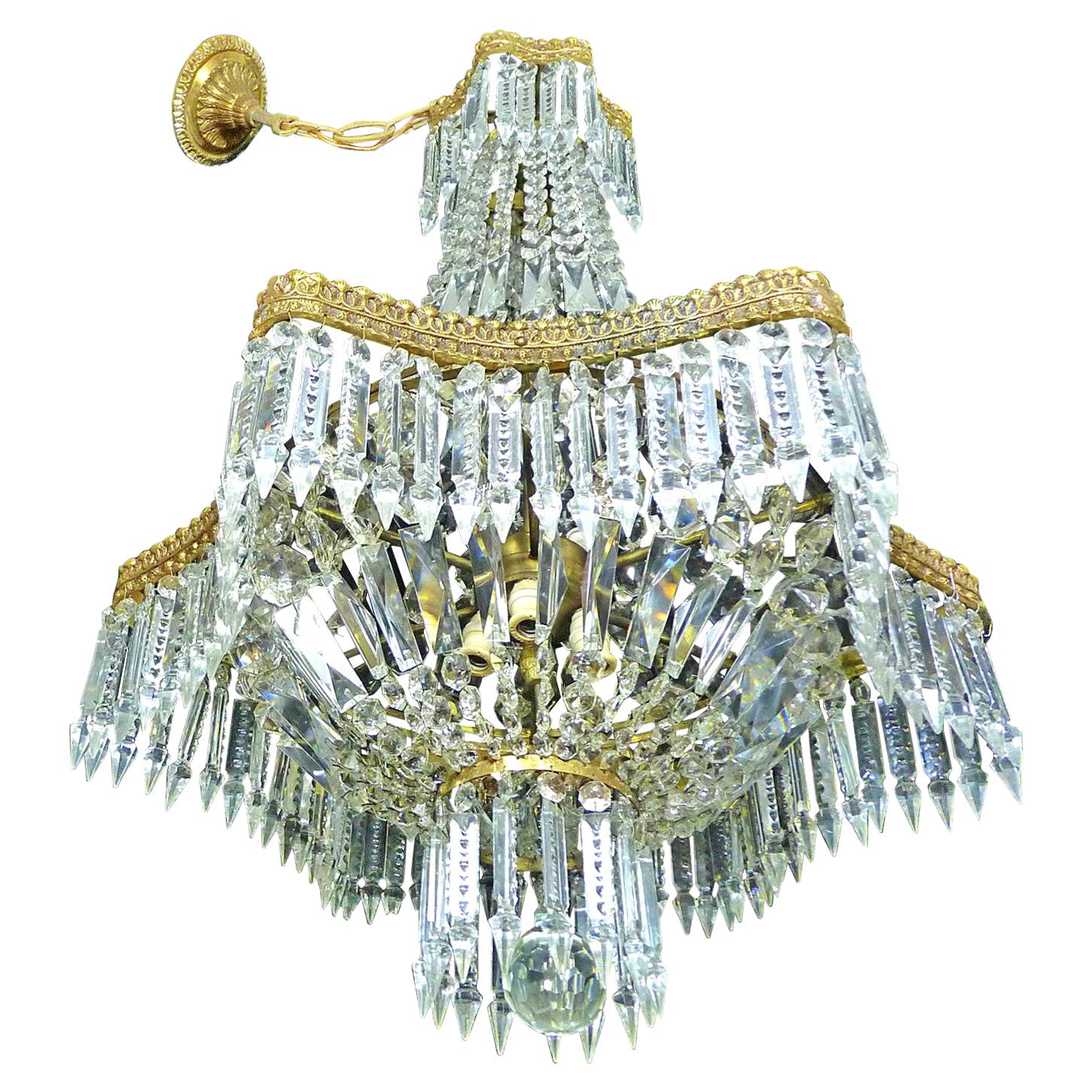 Louis XVI French Empire Cut Crystal Basket and Gilt Bronze Chandelier