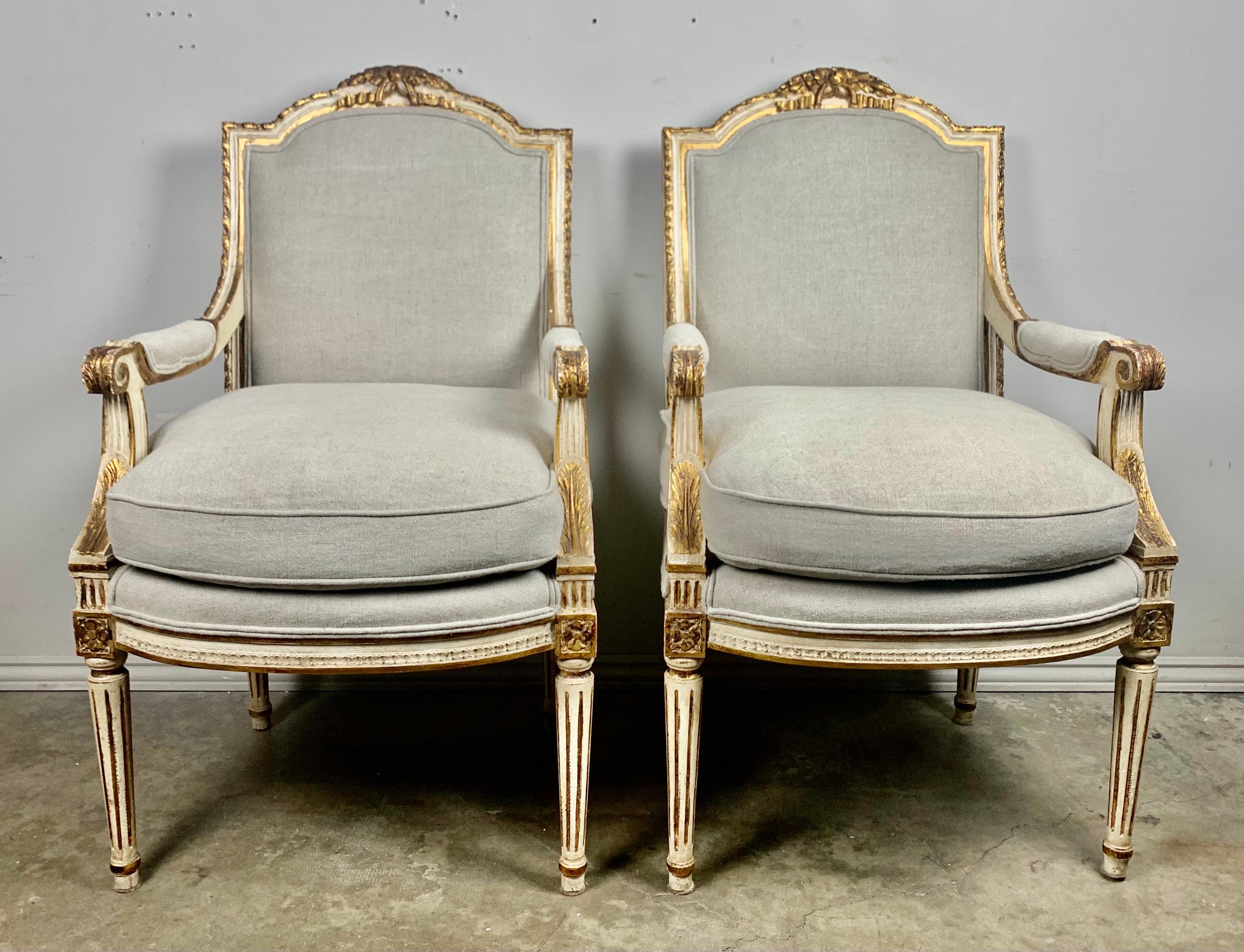 Hand-Painted Louis XVI French Painted and Parcel-Gilt Armchairs, circa 1930s