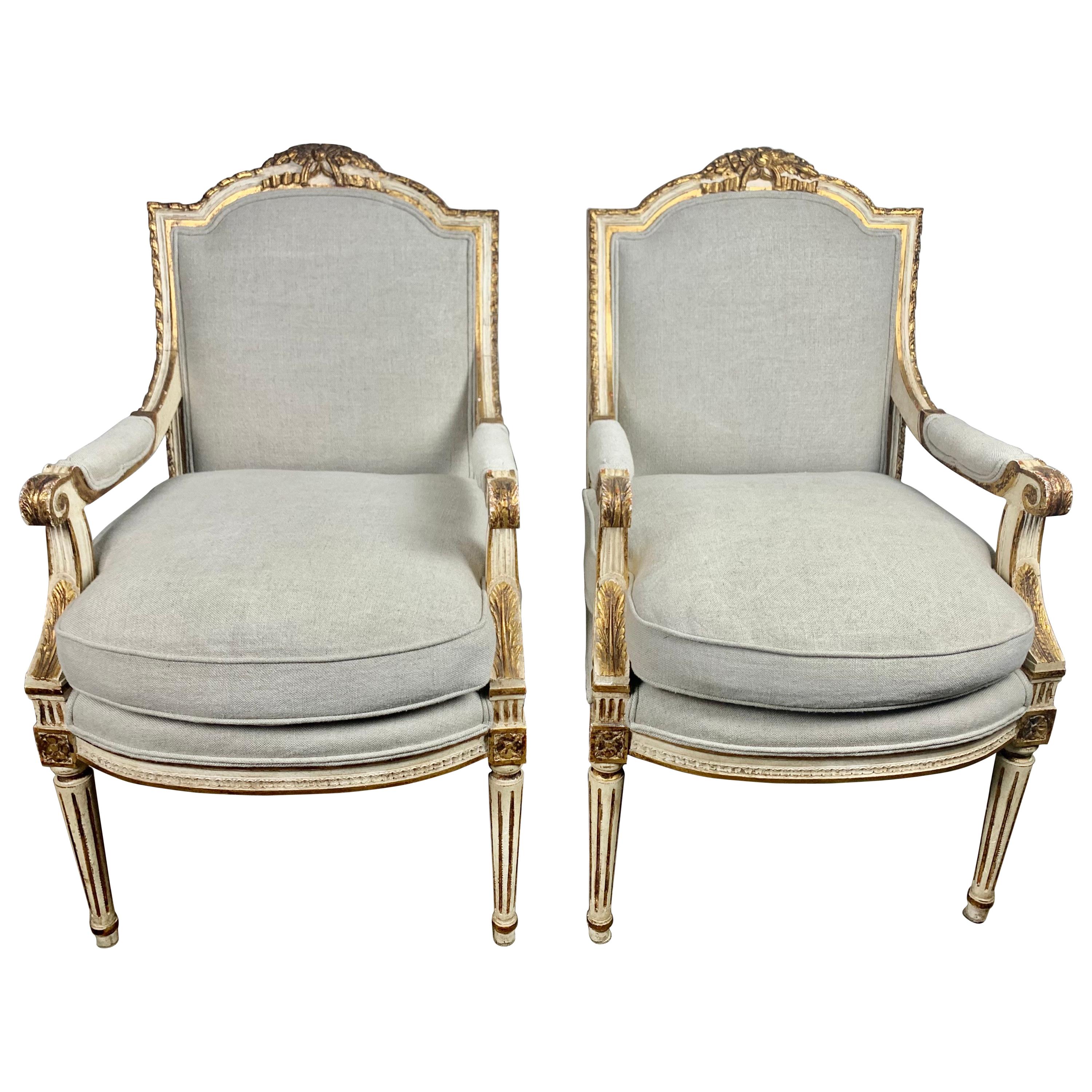 Louis XVI French Painted and Parcel-Gilt Armchairs, circa 1930s