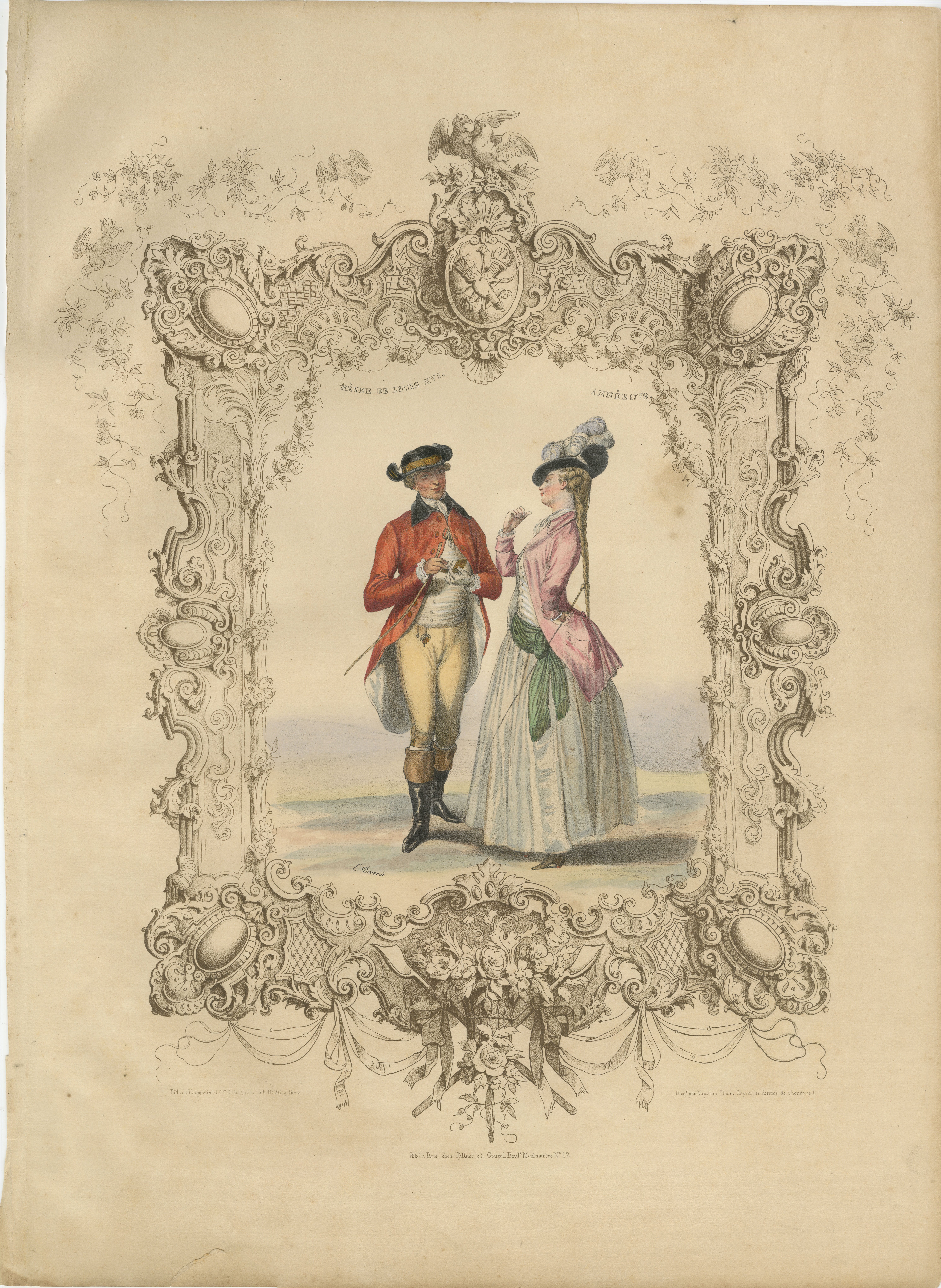 Louis XVI French Rococo Court Costume Lithograph, 1775 – Published 1847