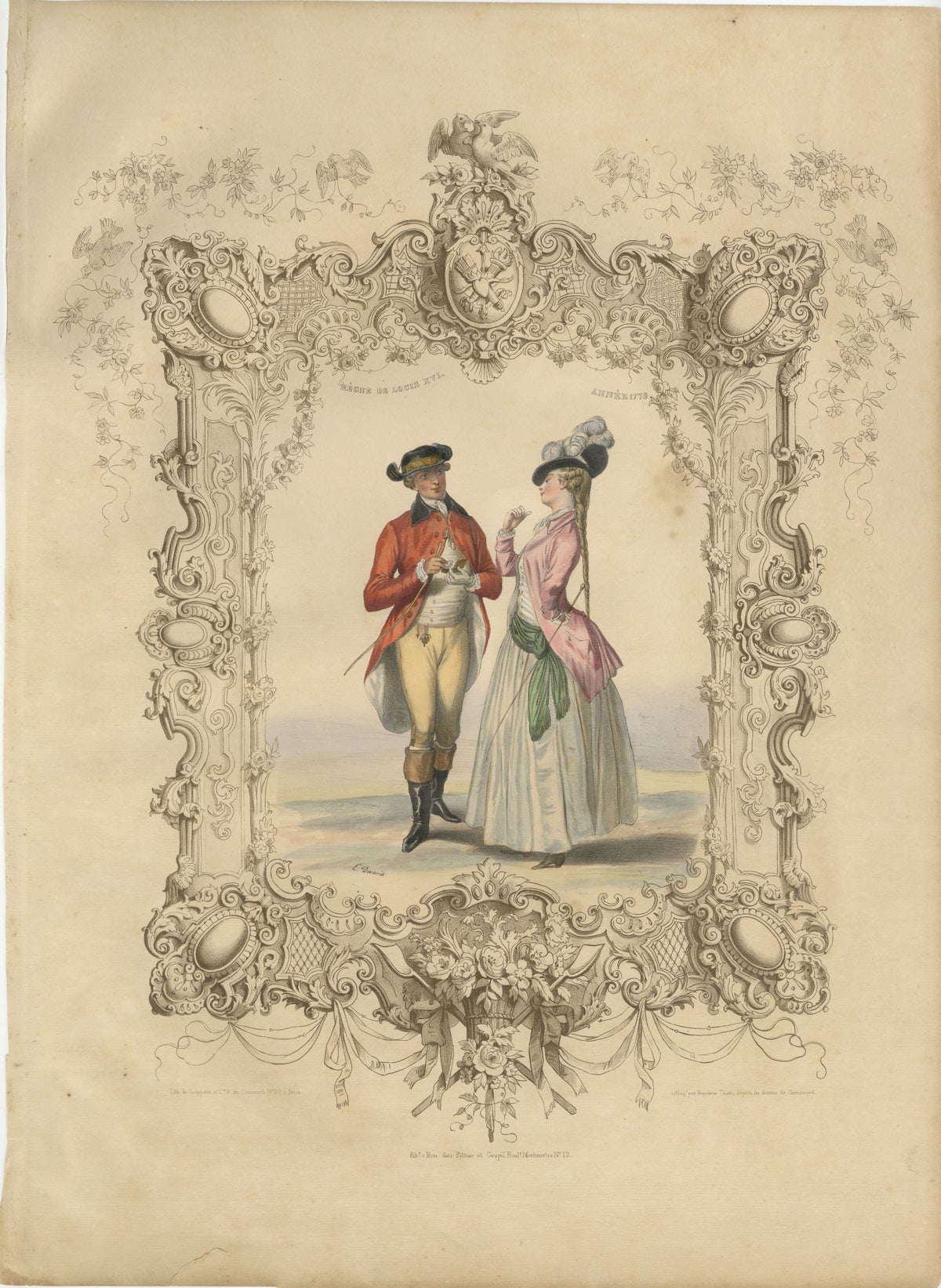 Louis XVI French Rococo Court Costume Lithograph, 1775, Published 1847