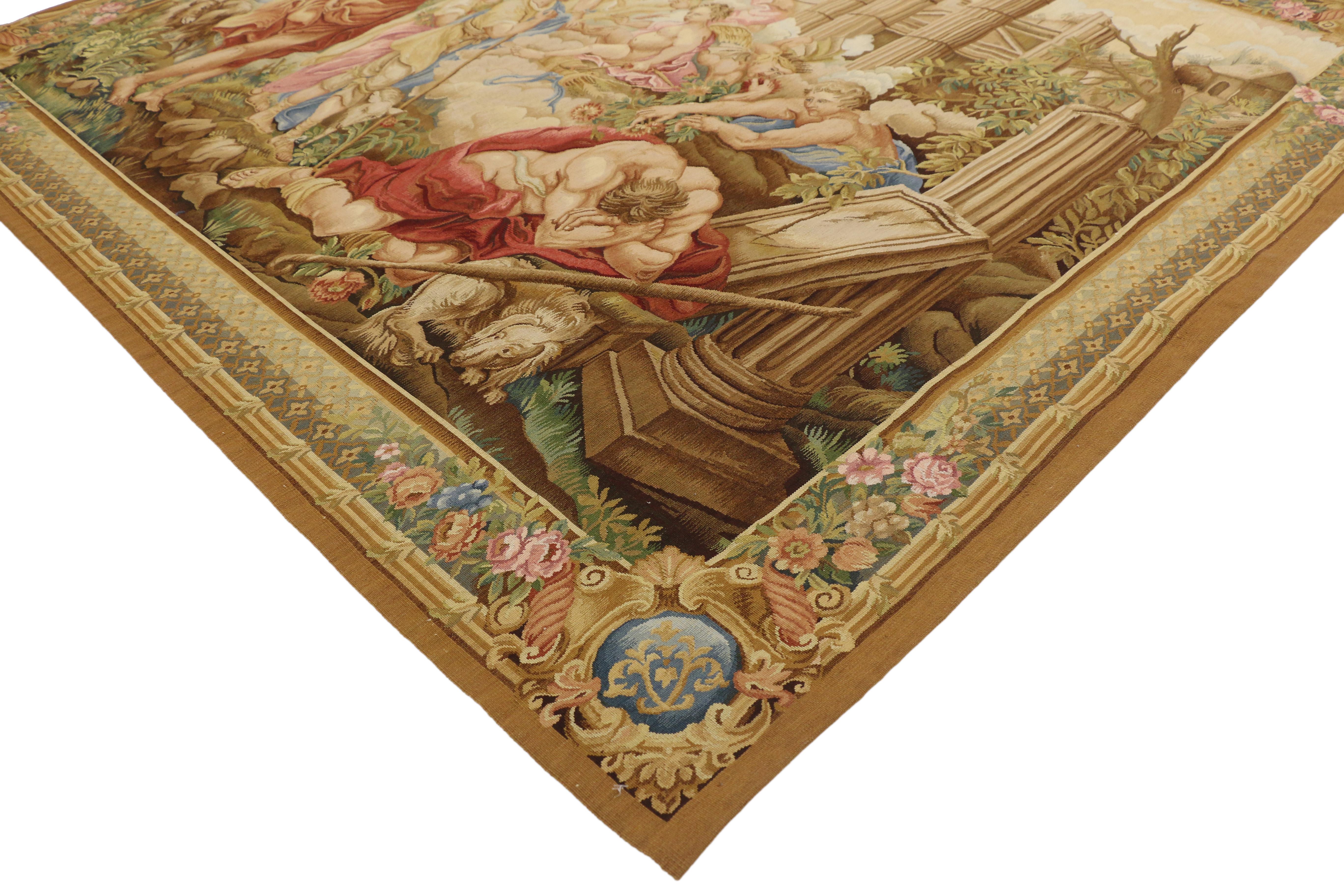 73691 Louis XVI French Rococo Mythology Style Beauvais Tapestry after Francois Boucher 05'05 x 06'05. This Louis XVI Beauvais style tapestry depicts a mythological scene inspired by Charles Le Brun, and Francois Boucher, the story of Psyche. In each