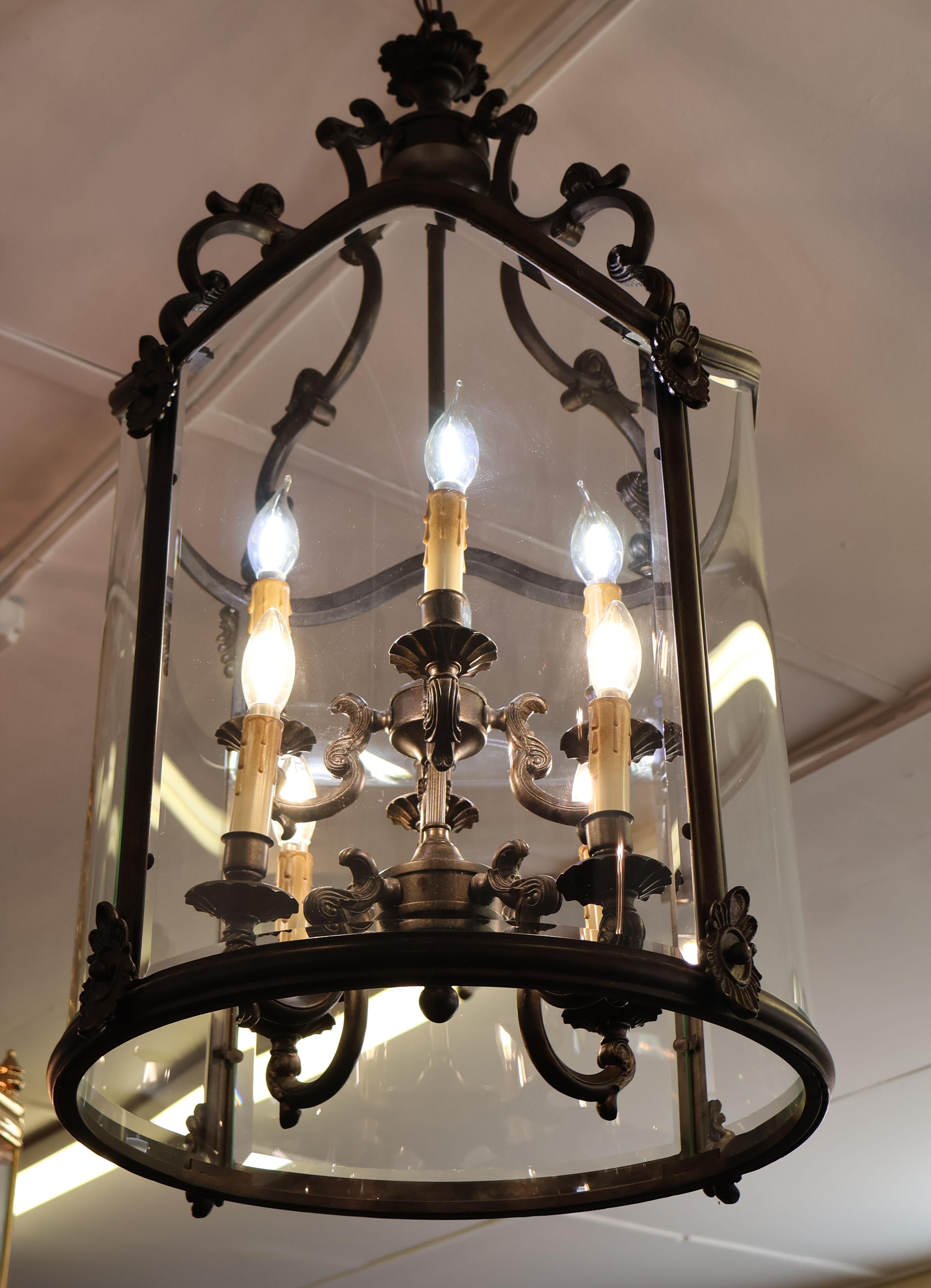 Louis XVI French Style 8 Light Dark Bronze Chandelier Lantern For Sale 2