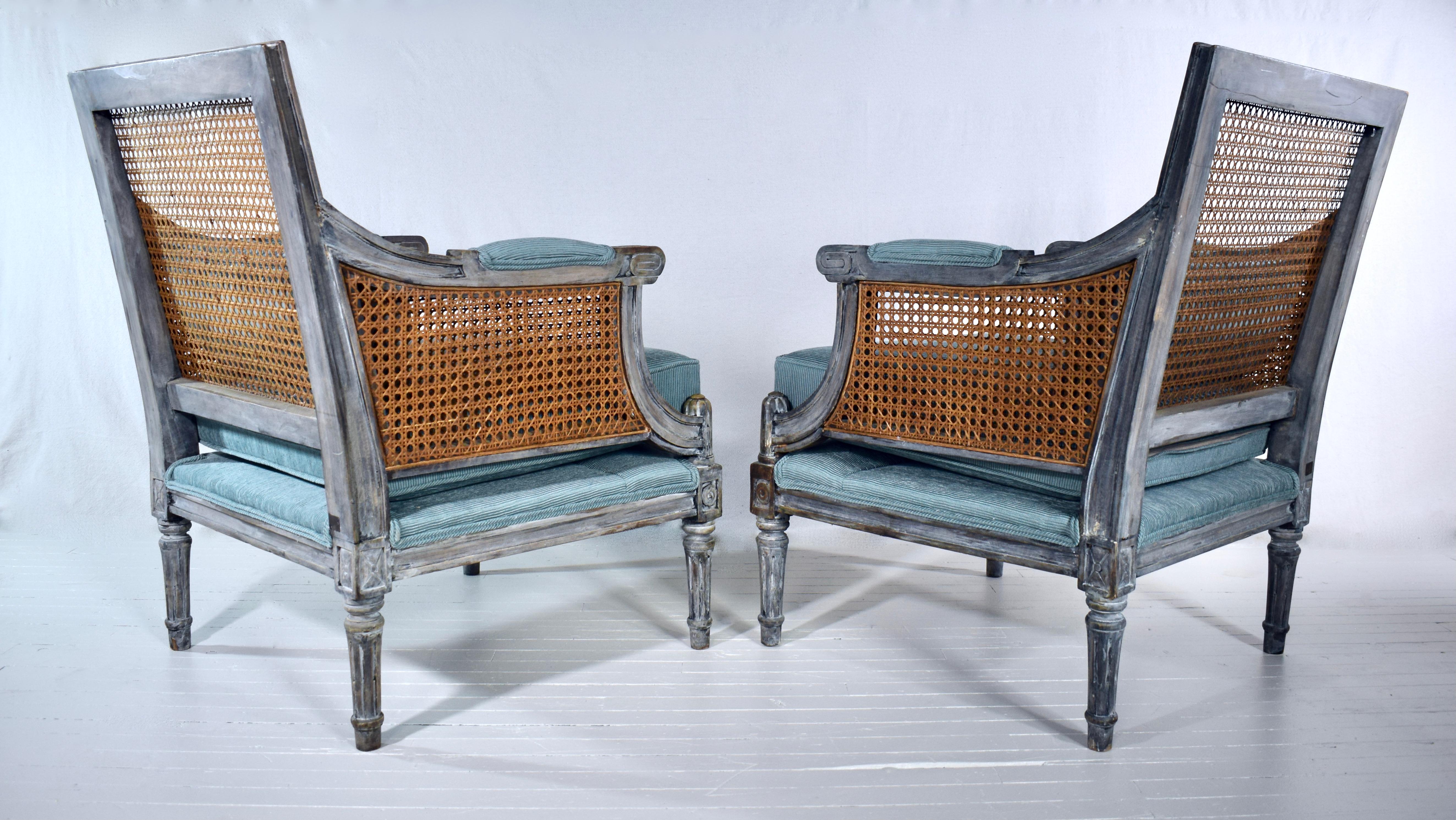 Upholstery Louis XVI French Style Painted Bergere Chairs, a Pair